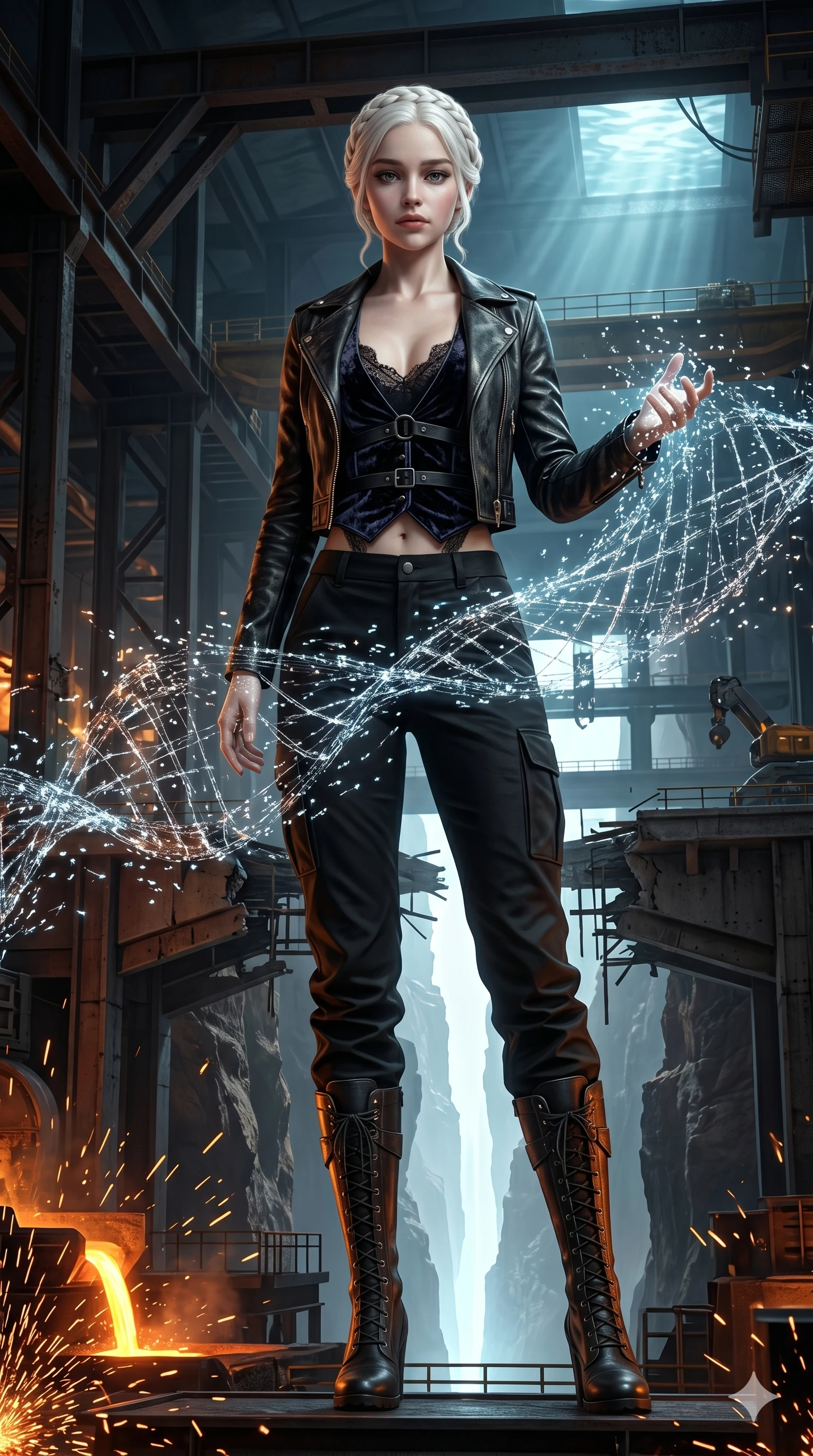 score_9, masterpiece, best quality, ultra-detailed, Photorealistic 8k CG, masterpiece, hyper-realistic SSS skin texture, cinematic ray-tracing, every pore and strand of hair rendered with extreme precision, 8k resolution, Korean woman with idol-like refined features. Dynamic full-body shot stretching the vertical silhouette, capturing her from a powerful low-angle perspective. Orchestrating a storm of trillions of nanobots to repair a massive broken bridge over a canyon of light. She has an absolutely perfect 8-heads proportion, an exceptionally tall and slender female figure with impossibly long slender legs and an ultra-slim waist, her statuesque height and towering silhouette dominating the vertical 9:16 frame. Her face is a masterpiece featuring a sharp v-shaped jawline, high-bridge nose, intricate jewel-like eyes with depth, thick eyelashes, and glossy lips with a natural sheen. She is wearing a stylishly unzipped leather jacket over a delicate lace top and a stylish belt harness crafted from Crushed dark velvet with a deep, rich texture that absorbs light and glows at the edges, stylishly unzipped to reveal a daring glimpse of her chest and a high-cut leg line. The scene is set in a gritty industrial factory with glowing molten metal, flying sparks, and deep shadows, illuminated by underwater caustic lighting with ripples of light dancing across her body. 2k, ultra detail, master piece, 9:16 ratio
