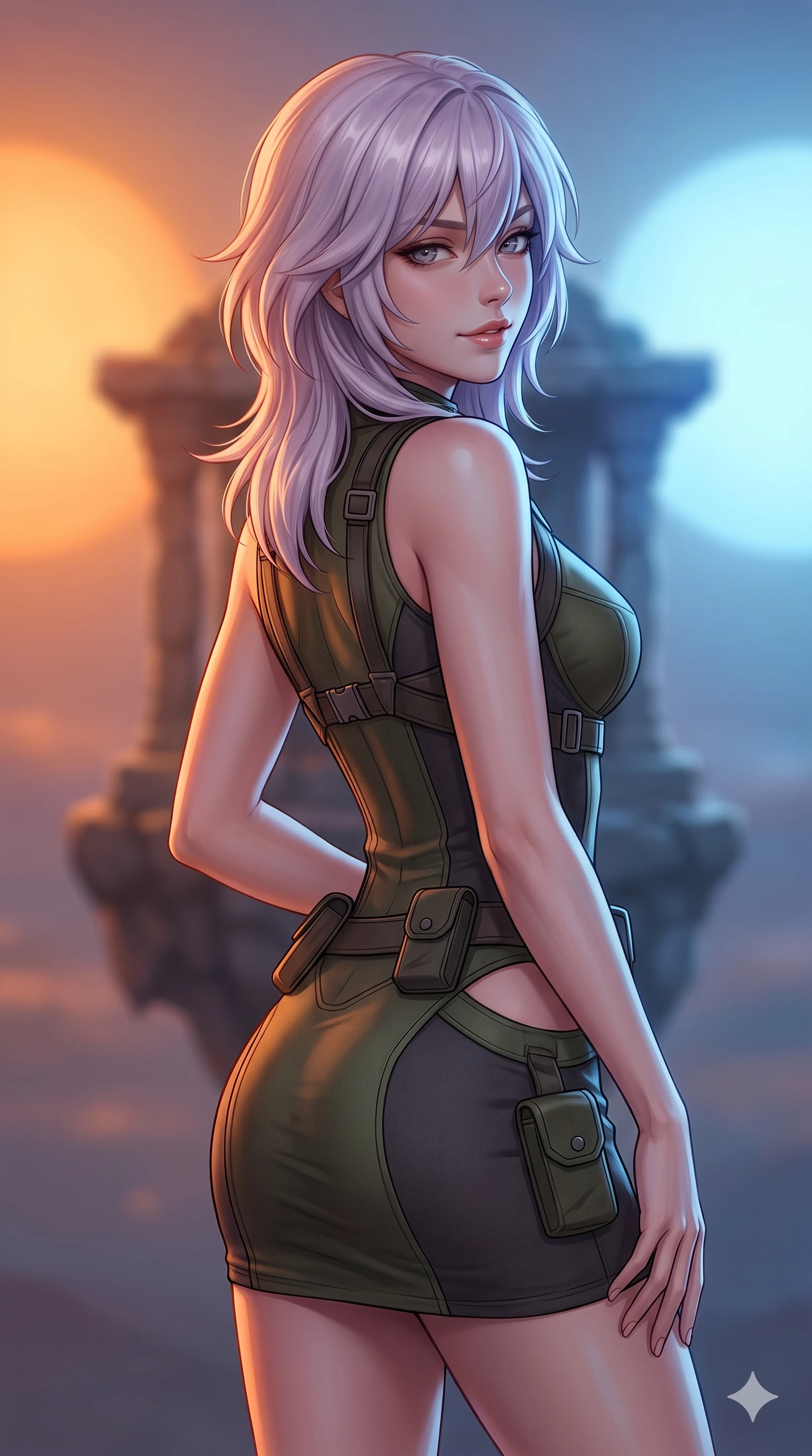 score_9, masterpiece, best quality, ultra-detailed, high-budget anime keyframe, editorial fashion photography, tasteful artistic composition, Japanese woman. close-up cowboy shot from the waist and thighs up, the character dominates the composition, filling the frame with her large presence, background elements kept in soft focus. Glancing sidelong over her shoulder with a smoldering half-smile. set against a soft-focus background of a floating stone shrine suspended in the gravitational balance point between two suns one burning deep orange and the other brilliant blue creating a perpetual dual-colored twilight on every surface. She has an exceptionally elegant and slender, willowy female figure with an ultra-slim waist, a gracefully sculpted slender torso, and a refined slim physique. sharp v-shaped jawline, high-bridge nose, intricate jewel-like eyes with depth, thick eyelashes, glossy lips with a natural sheen. wearing a combat mini dress in dark olive green and charcoal, featuring subtle hip cutouts and a structured bodice. dramatic split lighting with warm orange from the left and cool blue from the right meeting in complex color-mixing on every surface and on her skin. 2k, ultra detail, master piece, 9:16 ratio
