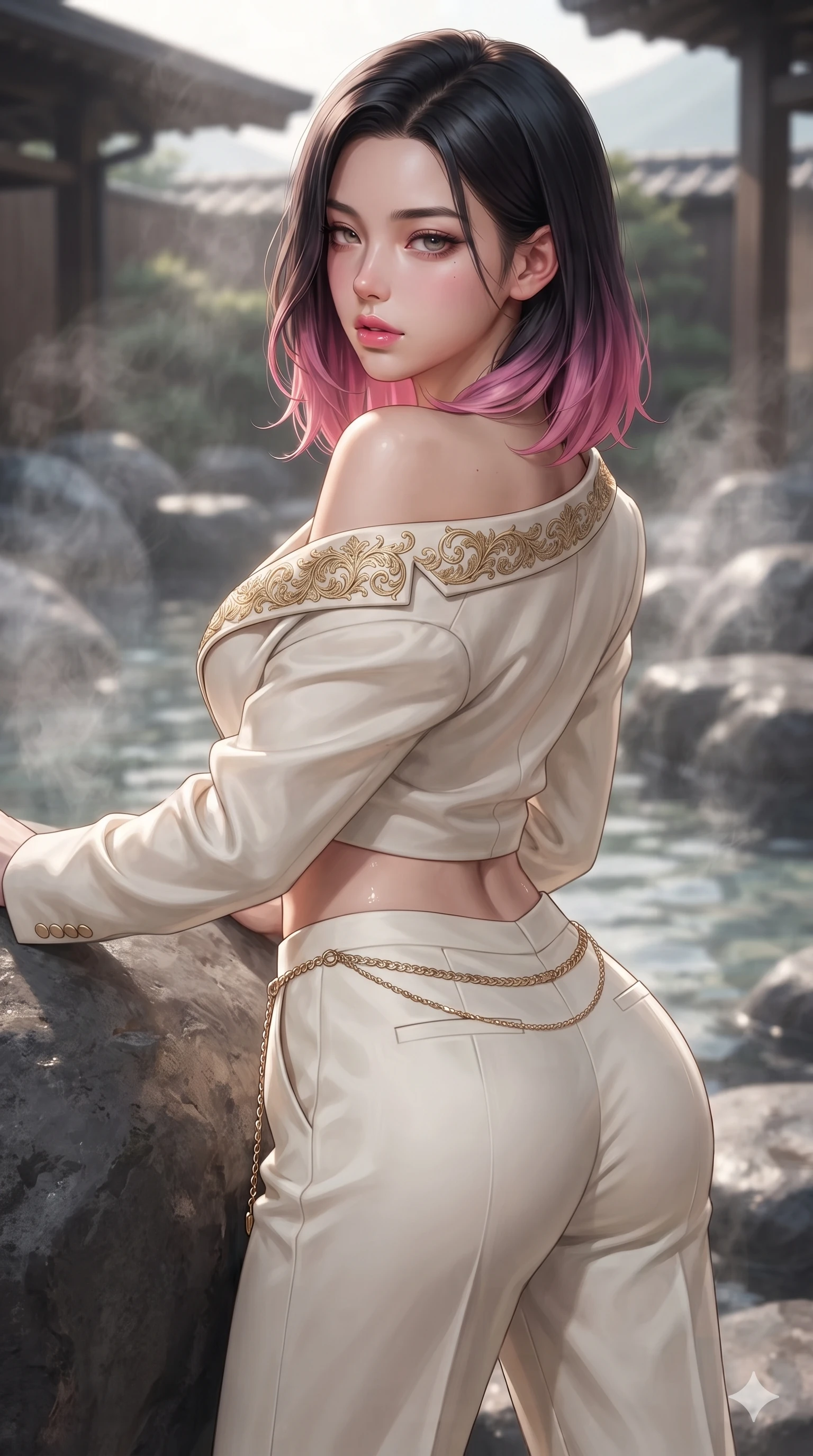 score_9, masterpiece, best quality, ultra-detailed, high-budget anime keyframe, editorial fashion photography, tasteful artistic composition, Korean woman. close-up cowboy shot from the waist and thighs up, the character dominates the composition, filling the frame with her large presence. posing in an alluring rear three-quarter angle, looking over a bare shoulder with parted glossy lips, her hips cocked back to highlight her slim hourglass curve while leaning against a smooth volcanic rock boulder with hips cocked back, looking through floating steam eddies with heavy-lidded seductive eyes. The surrounding environment is rendered in vivid detail and crisp panoramic clarity: intricate sheer vintage mesh dress tailoring, delicate chain belt accents, and high-altitude hot spring architecture in razor-sharp precision. She has an exceptionally elegant, slender, and willowy female figure with an ultra-slim waist, flat toned midriff, narrow ribcage, and sculpted feminine hips creating an alluring, slim hourglass silhouette without bulk. sharp v-shaped jawline, high-bridge nose, intricate jewel-like sparkling eyes with depth, thick eyelashes, glossy parted lips with a natural sheen, intensely captivating and seductive bedroom-eyes expression, exuding both youthful cute charm and sovereign luxury allure, flawlessly proportioned anatomical accuracy, strict slender model proportions, natural body alignment, perfectly sculpted long slender limbs, ultra-slim waistline, clean dynamic posture without body distortion. wearing a bespoke Venetian tailored pantsuit in liquid ivory silk with golden filigree embroidery tracing the lapels in Istrian stone cream and antique gold-leaf, tailored from heavy double-faced silk georgette with an exceptionally fluid drape, accented with a delicate gold chain belt resting loosely on her curvy hips, the impeccably tailored cut draping gracefully along her slender figure with aristocratic poise. illuminated by wet stone reflection bounce and sharp silver-amber rim lights sculpting her razor-sharp jawline, narrow waist, and curvy hips. ultra-reflective glossy finish, specular highlights, rich textural contrasts, high-contrast stereoscopic depth, volumetric dynamic lighting, 2k, ultra detail, master piece, 9:16 ratio