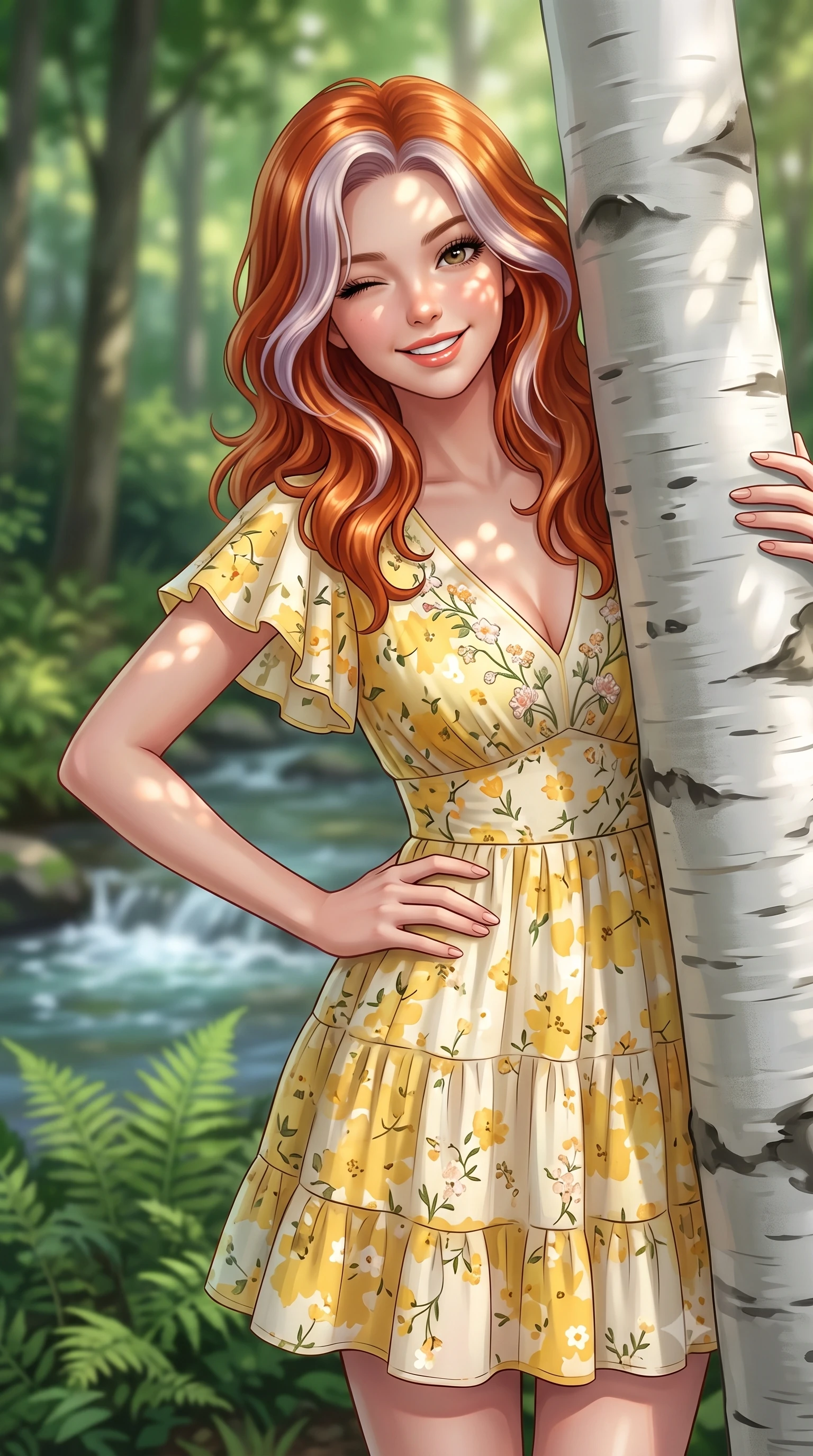 score_9, masterpiece, best quality, ultra-detailed, high-budget anime keyframe, semi-realistic 3D game render, editorial fashion photography, tasteful artistic composition, Caucasian woman. close-up cowboy shot from the waist and thighs up, the character dominates the composition, filling the frame with her large presence. resting one hand lightly on her waist while casting a charming, captivating side-gaze with thick eyelashes while peeking playfully from behind a smooth white birch tree trunk with a charming wink and infectious bright smile. The composition keeps background elements in soft focus with creamy bokeh. babbling brook currents and lush fern undergrowth softened by gentle shallow depth of field. She has an exceptionally elegant, slender, and willowy female figure with an ultra-slim waist, a gracefully sculpted slender torso, toned flat midriff, and a refined slim silhouette. sharp v-shaped jawline, high-bridge nose, intricate jewel-like eyes with depth, thick eyelashes, glossy lips with a natural sheen, pure and lovely fresh girlhood expression, flawlessly proportioned anatomical accuracy, strict slender model proportions, natural body alignment, perfectly sculpted long slender limbs, ultra-slim waistline, clean dynamic posture without body distortion. wearing a breezy tiered chiffon sundress with delicate floral print and short flutter sleeves in fresh buttercup yellow and clean cream white, knitted from ultra-soft cozy baby-cashmere yarn, complemented by subtle floral embroidery along the neckline and hem, the relaxed yet flattering fit accentuating her naturally graceful and slender figure, highlighting her youthful charm and lovely silhouette. illuminated by soft natural dappled forest light creating playful sun patterns across her face and dress. highly saturated vibrant anime colors, detailed shading with soft gradients, rich glossy textures, high-contrast stereoscopic depth, volumetric dynamic lighting, master piece, 9:16 ratio