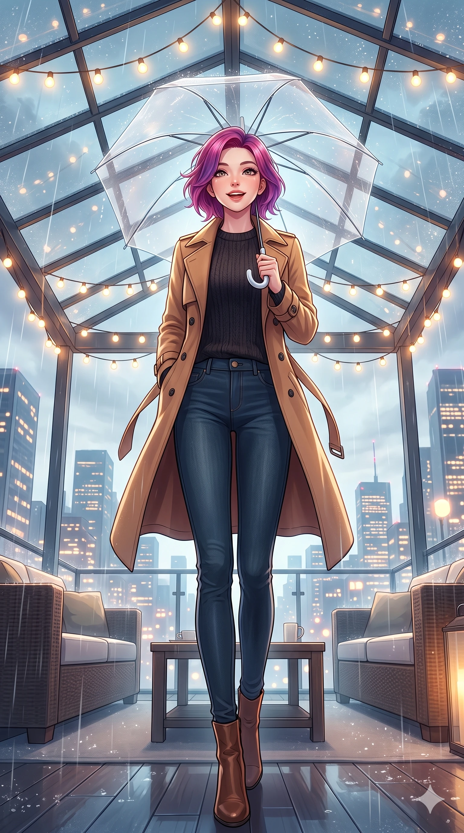 score_9, masterpiece, best quality, ultra-detailed, high-budget anime keyframe, vibrant anime aesthetic, Caucasian woman, strictly human ears. low angle full-body shot from head to toe showing her feet, filling the entire 9:16 vertical frame with her statuesque presence, stretching her vertical silhouette. She is holding a clear umbrella, looking up with a bright, joyful expression, gazing warmly at the viewer surrounded by fresh morning mist. standing on a rain-swept rooftop lounge under a glass pavilion, looking at the glowing city skyline (Code-P22-027). She has an absolutely perfect 8-heads proportion, an exceptionally tall and slender female figure with impossibly long slender legs and an ultra-slim waist. V-shaped jawline, high-bridge nose, intricate jewel-like eyes with depth, thick eyelashes, glossy lips with a natural sheen. wearing a stylish trench coat in camel over a knit pullover and dark denim jeans with stylish boots. She is lit by warm, glowing fairy lights strung across the glass conservatory roof, casting clean highlights that trace her slim waist during a refreshing sun shower. 2k, ultra detail, master piece, 9:16 ratio