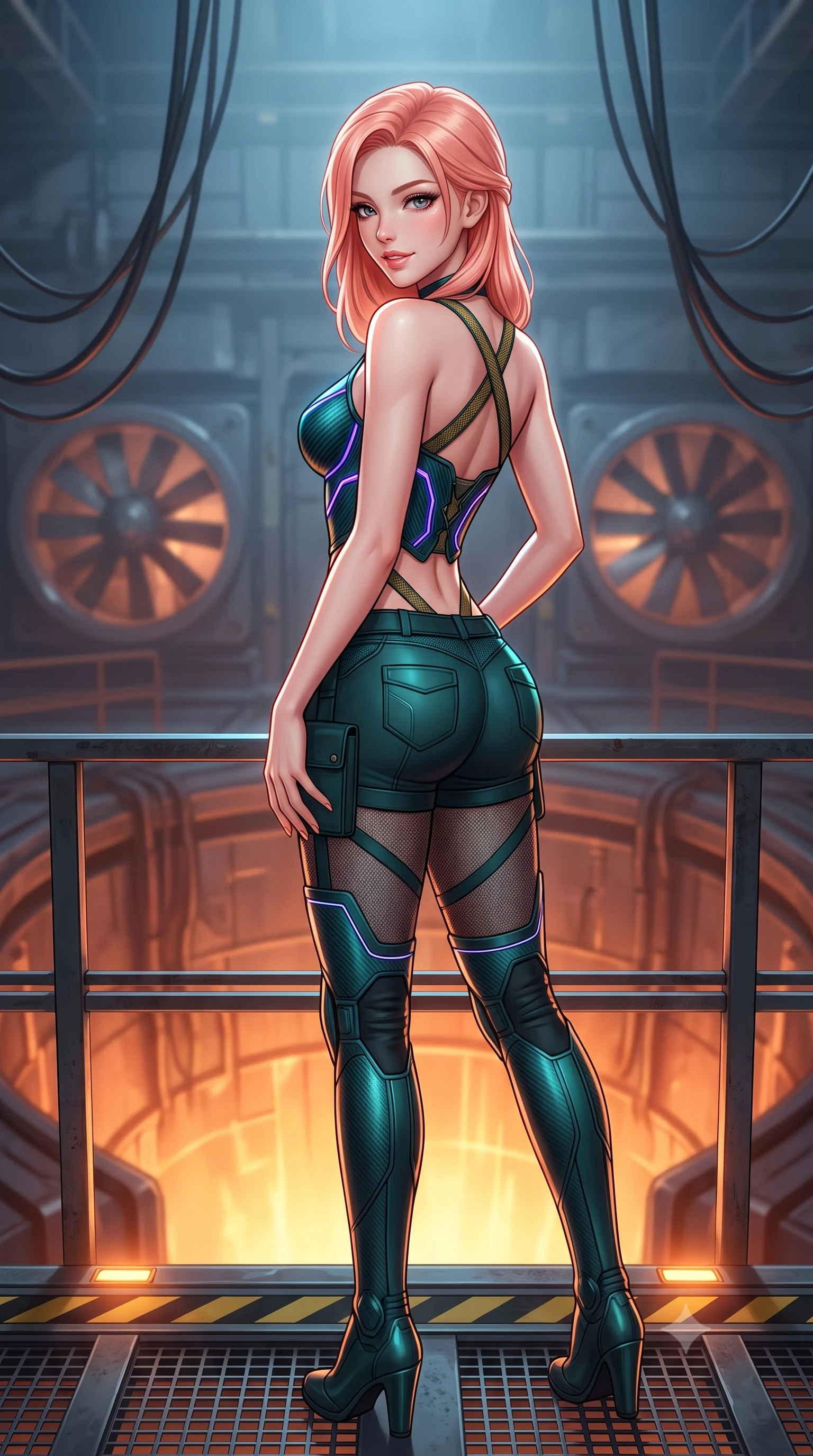 score_9, masterpiece, best quality, ultra-detailed, high-budget anime keyframe, semi-realistic 3D game render, editorial fashion photography, tasteful artistic composition, Japanese woman. close-up cowboy shot from the waist and thighs up, the character dominates the composition, filling the frame with her large presence. posing in an alluring rear three-quarter angle, turning over a bare shoulder with an intoxicating gaze, her hips cocked back to highlight her slim hourglass curve against the glowing reactor while standing poised on a heavy steel catwalk suspended above the glowing geothermal reactor, arching her back with fearless supermodel poise. The background shows a soft-focus massive industrial ventilation fans and hanging power cables softened in monumental terraforming facility shallow focus. She has an exceptionally elegant, slender, and willowy female figure with an ultra-slim waist, flat toned midriff, narrow ribcage, and sculpted feminine hips creating an alluring, slim hourglass silhouette without bulk. sharp v-shaped jawline, high-bridge nose, intricate jewel-like sparkling eyes with depth, thick eyelashes, glossy parted lips with a natural sheen, bright confident smile with an enchanting and coquettish sensual glint, exuding both youthful magnetic charm and sovereign high-tech allure, flawlessly proportioned anatomical accuracy, strict slender model proportions, natural body alignment, perfectly sculpted long slender limbs, ultra-slim waistline, clean dynamic posture without body distortion. wearing a sculpted carbon-fiber bustier armor top paired with ultra-tight tactical cargo shorts and thigh-high armored boots in dark emerald teal and ultraviolet glow lines, crafted from sheer technical cyber-lace reinforced with ultra-thin Kevlar threads, finished with criss-cross Kevlar tactical straps tracing her graceful shoulder blades, the form-contouring cut accentuating her sculpted flat midriff, narrow delicate ribcage, and gracefully curvy hips with cybernetic supermodel precision. illuminated by floor warning lights and sharp copper rim lighting sculpting her razor-sharp jawline, narrow waist, and curvy hips. highly saturated vibrant anime colors, detailed shading with soft gradients, rich glossy textures, high-contrast stereoscopic depth, volumetric dynamic lighting, master piece, 9:16 ratio