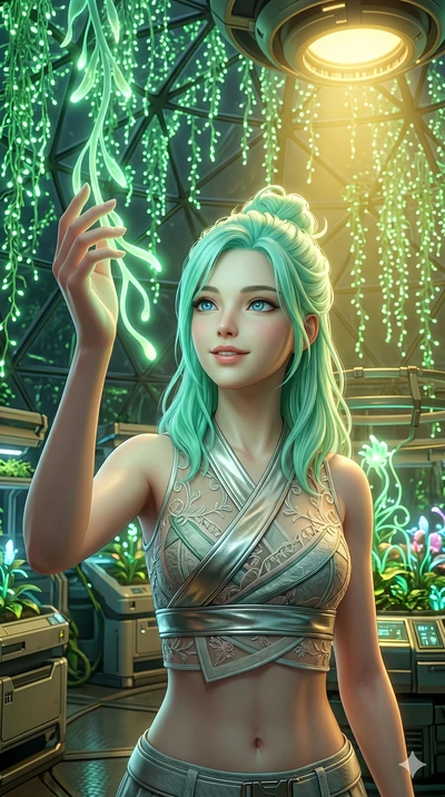 score_9, masterpiece, best quality, ultra-detailed, high-budget anime keyframe, semi-realistic 3D game render, Japanese woman. Upper body close-up from the thighs up, character filling the screen for maximum presence. Standing in a high-tech greenhou