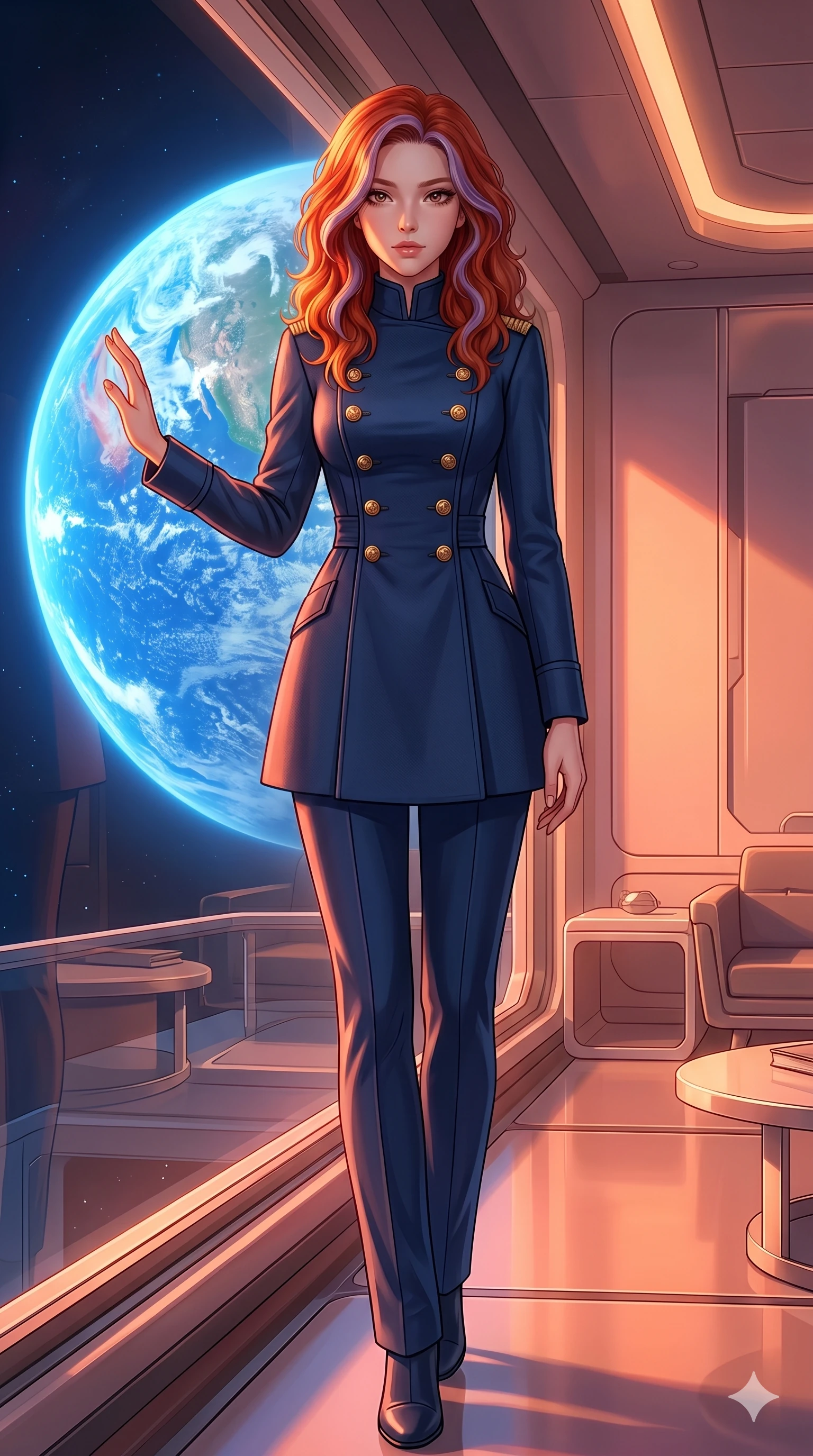 score_9, masterpiece, best quality, ultra-detailed, high-budget anime keyframe, editorial fashion photography, tasteful artistic composition, Caucasian woman, strictly human ears. low angle full-body shot from head to toe showing her feet, filling the entire 9:16 vertical frame with her statuesque presence, stretching her vertical silhouette. resting one hand on the glass pane, looking toward the camera with a slow, hypnotic gaze inside a luxury space station lounge with a large window showing a blue Earth (Code-P18-028). She has an absolutely perfect 8-heads proportion, an exceptionally tall and slender female figure with impossibly long slender legs and an ultra-slim waist. V-shaped jawline, high-bridge nose, intricate jewel-like eyes with depth, thick eyelashes, glossy lips with a natural sheen. wearing a structured high-neck military-style coat with gold buttons and long trousers. bathed in warm, golden sunset light, casting a beautiful orange-pink glow on her skin. 2k, ultra detail, master piece, 9:16 ratio