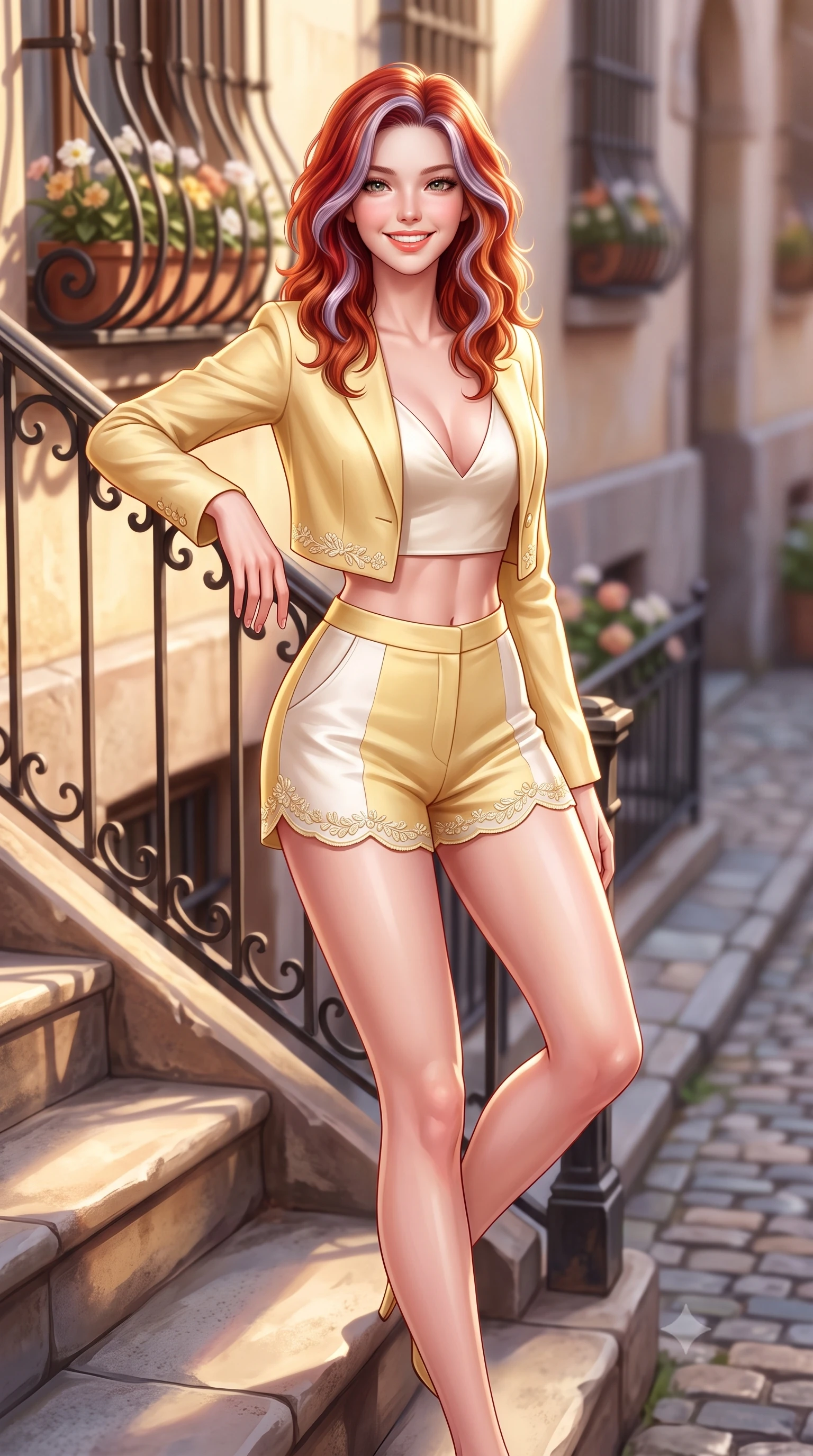 score_9, masterpiece, best quality, ultra-detailed, high-budget anime keyframe, semi-realistic 3D game render, editorial fashion photography, tasteful artistic composition, Caucasian woman. close-up cowboy shot from the waist and thighs up, the character dominates the composition, filling the frame with her large presence. leaning back against the sunlit railing with relaxed seductive grace, her flat midriff and narrow waist highlighted as she smiles brightly with bewitching eyes while walking down the stone steps with sovereign grace, her trendy form-contouring real-way outfit hugging her narrow waist and feminine hips. The composition keeps background elements in soft focus with dreamy creamy bokeh. quaint cobblestone streets and wrought-iron window boxes softened in cinematic editorial shallow focus. She has an exceptionally elegant, slender, and willowy female figure with an ultra-slim waist, flat toned midriff, narrow ribcage, and sculpted feminine hips creating an alluring, slim hourglass silhouette without bulk. sharp v-shaped jawline, high-bridge nose, intricate jewel-like sparkling eyes with depth, thick eyelashes, glossy parted lips with a natural peach sheen, bright cheerful beaming smile with an enchanting and coquettish sensual glint, exuding both youthful cute charm and seductive allure, flawlessly proportioned anatomical accuracy, strict slender model proportions, natural body alignment, perfectly sculpted long slender limbs, ultra-slim waistline, clean dynamic posture without body distortion. wearing a chic cropped linen blazer worn with a plunging-V camisole and high-waisted tailored hot-pants showcasing her long slender legs in bright butter yellow and fresh cream white, made of smooth fluid silk satin with a delicate pearlescent sheen, complemented by delicate embroidered floral trim along the hem, the glove-like silhouette tightly following the natural contour of her hips and long slender legs with youthful 8.5-heads elegance. illuminated by warm sandstone stoop bounce light contouring her razor-sharp jawline, narrow waist, and curvy hips. highly saturated vibrant anime colors, detailed shading with soft gradients, rich glossy textures, high-contrast stereoscopic depth, volumetric dynamic lighting, master piece, 9:16 ratio