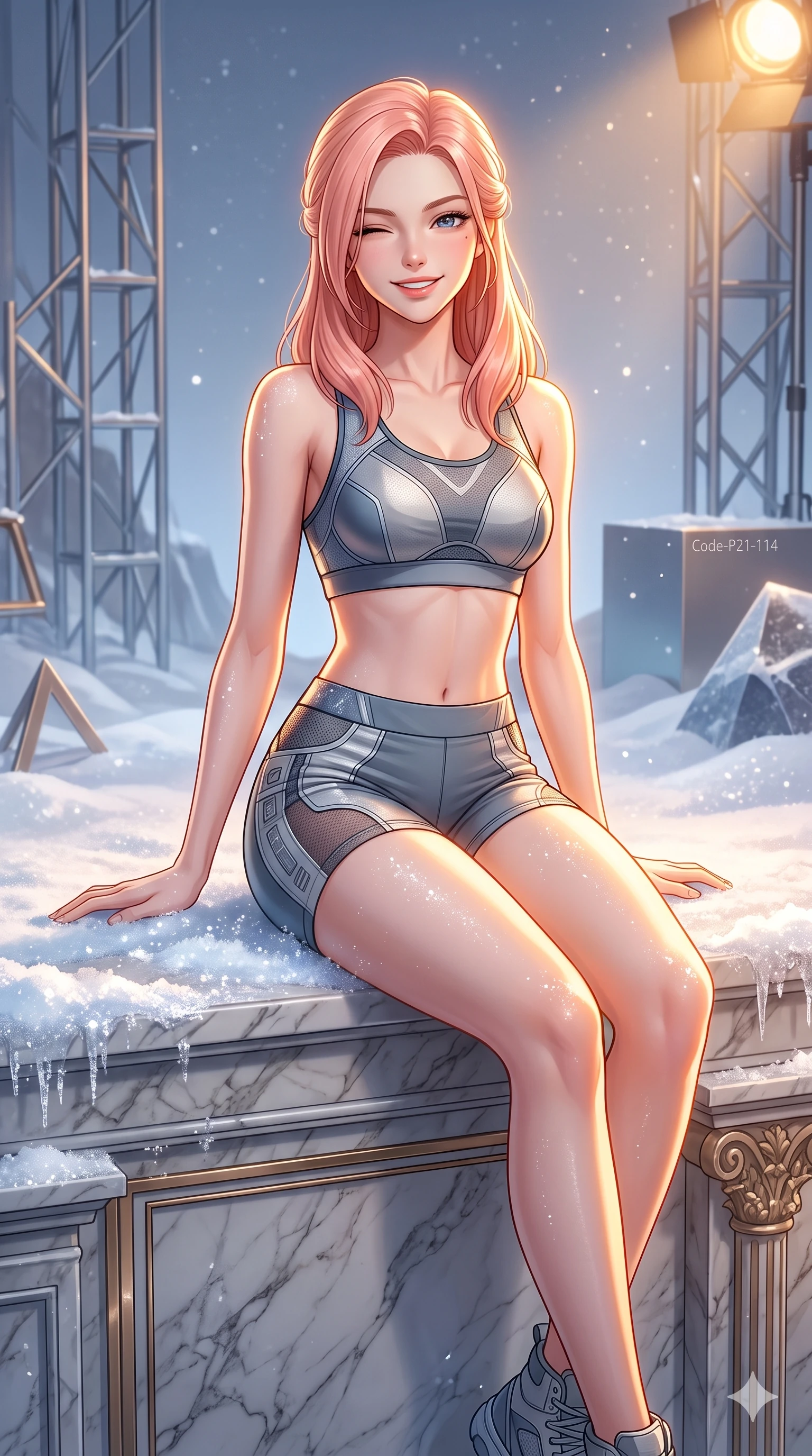 score_9, masterpiece, best quality, ultra-detailed, high-budget anime keyframe, vibrant anime aesthetic, Japanese woman. cowboy shot from the thighs up, character and outfit filling the frame for maximum presence. She is sitting on a marble ledge, winking and smiling cheerfully at the viewer in snow inside a high-fashion set with warm spotlights (Code-P21-114). She has an absolutely perfect 8-heads proportion, an exceptionally tall and slender female figure with impossibly long slender legs and an ultra-slim waist. V-shaped jawline, high-bridge nose, intricate jewel-like eyes with depth, thick eyelashes, glossy lips with a natural sheen. wearing a skin-tight activewear set with sports bra and micro-shorts in winter. She is intense warm winter rim lights, outlining her 8-heads proportion and V-shaped jawline. 2k, ultra detail, master piece, 9:16 ratio