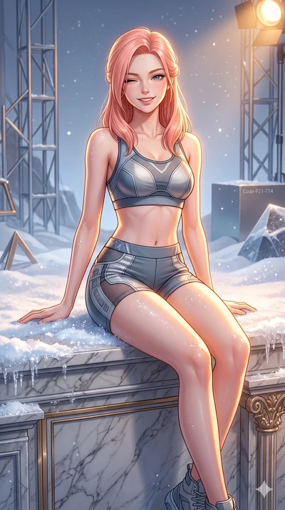 score_9, masterpiece, best quality, ultra-detailed, high-budget anime keyframe, vibrant anime aesthetic, Japanese woman. cowboy shot from the thighs up, character and outfit filling the frame for maximum presence. She is sitting on a marble ledge, wi