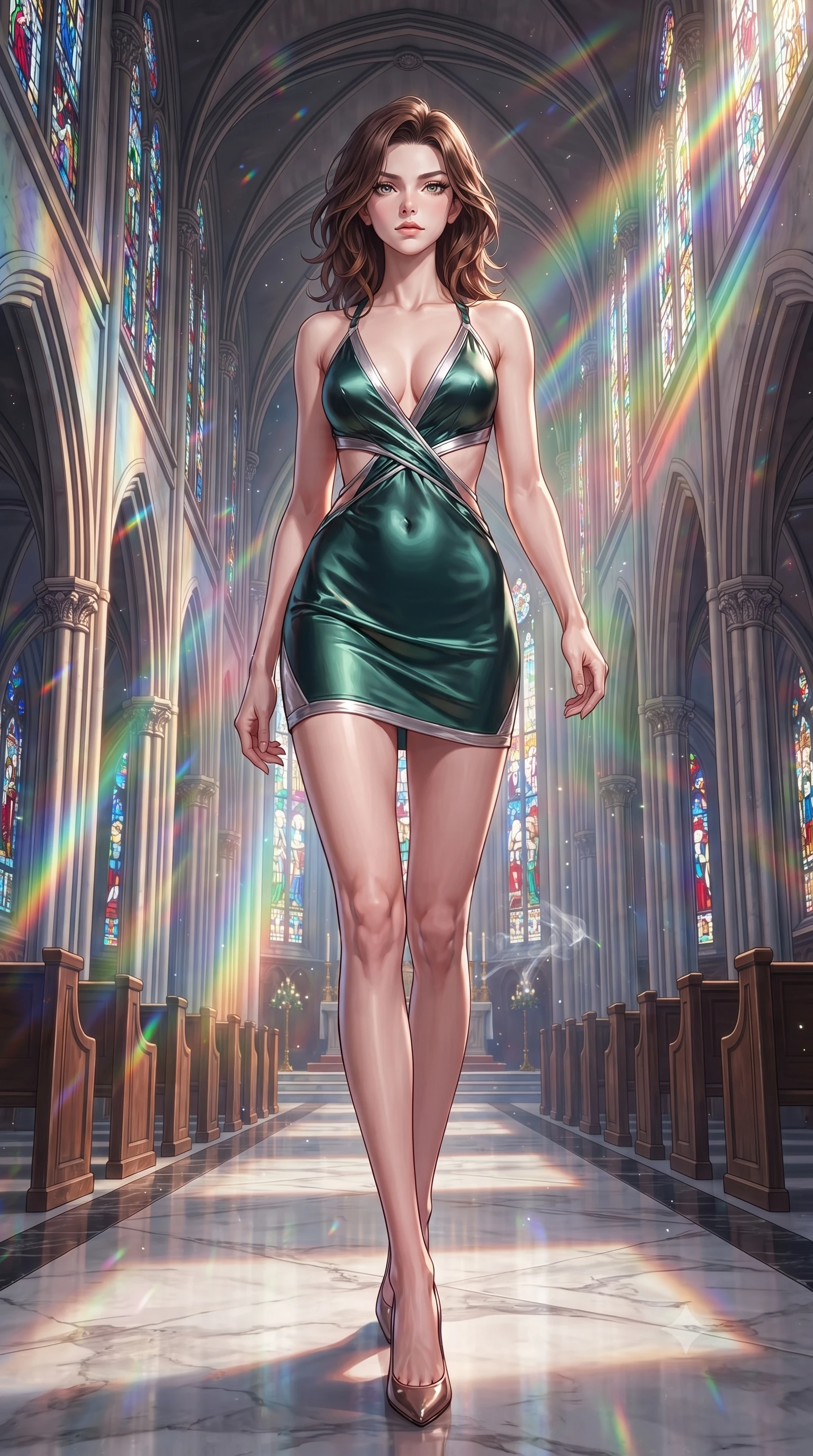 score_9, masterpiece, best quality, ultra-detailed, high-budget anime keyframe, editorial fashion photography, tasteful artistic composition, Korean woman. low angle full-body shot from head to toe showing her feet, filling the entire 9:16 vertical frame with her statuesque presence, stretching her vertical silhouette. interacting gracefully with the magical floating elements while maintaining a confident posture walking down a polished marble nave lined with tall stained glass arcades, floating glass dust and incense smoke scattering colorful light beams. She has an absolutely perfect, statuesque 8.5-heads proportion, an exceptionally tall and slender model-like female figure with impossibly long slender legs and an ultra-slim waist. sharp v-shaped jawline, high-bridge nose, intricate jewel-like eyes with depth, thick eyelashes, glossy lips with a natural sheen. wearing a liquid mercury gloss mini dress with ultra-deep V-neck and waist cutouts in deep emerald green and silver accent, crafted from lustrous satin jersey with fluid draping, complemented by criss-cross back straps highlighting her bare shoulders, the sleek second-skin texture accentuating her magnetic presence. bathed in cascading rainbow prismatic light refracting through stained glass. highly saturated vibrant anime colors, detailed shading with soft gradients, rich glossy textures, high-contrast stereoscopic depth, volumetric dynamic lighting, master piece, 9:16 ratio