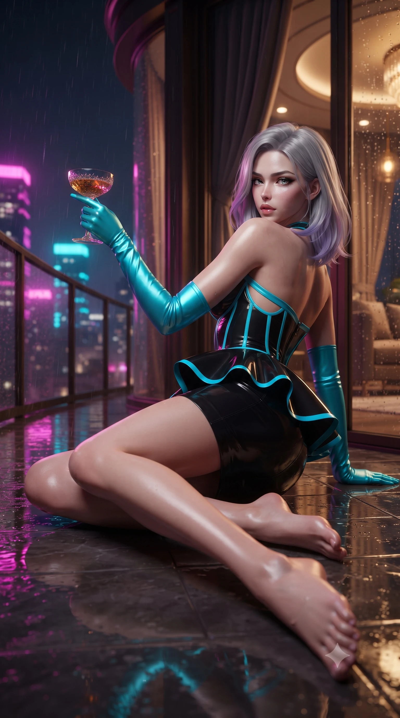 score_9, masterpiece, best quality, ultra-detailed, high-budget anime keyframe, editorial fashion photography, tasteful artistic composition, Caucasian woman. low angle full-body shot from head to toe showing her feet, filling the entire 9:16 vertical frame with her statuesque presence, stretching her vertical silhouette. reclining on her side in an elegant Cleopatra pose with one knee drawn up, the dramatic contour of her rounded hips and long slender legs commanding the 9:16 vertical frame while crouching gracefully on the rain-slicked balcony deck, glancing back with smoldering bedroom-eyes as neon reflections wash over her dress. The composition keeps background elements in soft focus with creamy bokeh. curved art deco glass windows and heavy velvet drapes softened in glamorous cinematic shallow focus. She has an exceptionally tall and slender model-like 8.5-heads proportion, an ultra-slim waist, a flat toned midriff, narrow delicate ribcage, and beautifully sculpted feminine hips creating a graceful, slim hourglass silhouette without any bulky heaviness, with impossibly long slender legs. sharp v-shaped jawline, high-bridge nose, intricate jewel-like eyes with depth, thick eyelashes, glossy parted lips with a natural sheen, intensely captivating and seductive bedroom-eyes expression, flawlessly proportioned anatomical accuracy, strict slender model proportions, natural body alignment, perfectly sculpted long slender limbs, ultra-slim waistline, clean dynamic posture without body distortion. wearing a modern peplum corset dress with side-waist diamond cutouts and an ultra-tight silhouette in neon electric cyan and lacquer black, made of fluid silk crepe with delicate inner corsetry boning, accessorized with opera-length satin gloves and a vintage crystal glass, the liquid-tight tailored fabric clinging flawlessly to her narrow waist and rounded feminine hips, emphasizing every millimeter of her sculpted slim hourglass curves without any bulky heaviness. bathed in vibrant magenta and electric cyan river skyline reflections contrasting with warm amber interior downlights. ultra-reflective glossy finish, specular highlights, rich textural contrasts, high-contrast stereoscopic depth, volumetric dynamic lighting, 2k, ultra detail, master piece, 9:16 ratio