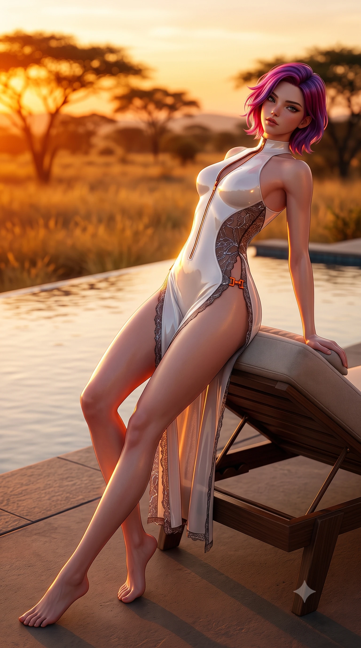 score_9, masterpiece, best quality, ultra-detailed, high-budget anime keyframe, semi-realistic 3D game render, editorial fashion photography, tasteful artistic composition, Caucasian woman. low angle full-body shot from head to toe showing her feet, filling the entire 9:16 vertical frame with her statuesque presence, stretching her vertical silhouette. arching her back in a fluid zero-gravity turn with sovereign grace, her long slender legs and sculpted torso creating a sweeping line while lounging seductively on a private infinity plunge pool terrace of a luxury safari lodge as a blazing orange sun sets over the savannah. The composition keeps background elements in soft focus with creamy bokeh. golden savannah grasslands and silhouetted acacia trees blurred into rich amber and fiery orange bokeh. She has an absolutely perfect, statuesque 8.5-heads proportion, an exceptionally tall and slender model-like female figure with impossibly long slender legs, a toned flat midriff, and an ultra-slim waist. sharp v-shaped jawline, high-bridge nose, intricate jewel-like eyes with depth, thick eyelashes, glossy lips with a natural sheen, flawlessly proportioned anatomical accuracy, strict slender model proportions, natural body alignment, perfectly sculpted long slender limbs, ultra-slim waistline, clean dynamic posture without body distortion. wearing a glossy white second-skin latex bodysuit with high-thigh cuts, exposed clavicle neckline, and gleaming zipper details in vivid sunset amber orange and cloud white, crafted from delicate dark lace interwoven with luminescent micro-fibers, finished with an ultra-high side slit secured by miniature magnetic clasps, the form-contouring material adhering flawlessly to her sculpted flat midriff and slender torso, emphasizing her long leg lines and perfectly proportioned willowy build. bathed in blazing golden hour sunset radiance and warm amber horizon fill light. highly saturated vibrant anime colors, detailed shading with soft gradients, rich glossy textures, high-contrast stereoscopic depth, volumetric dynamic lighting, master piece, 9:16 ratio