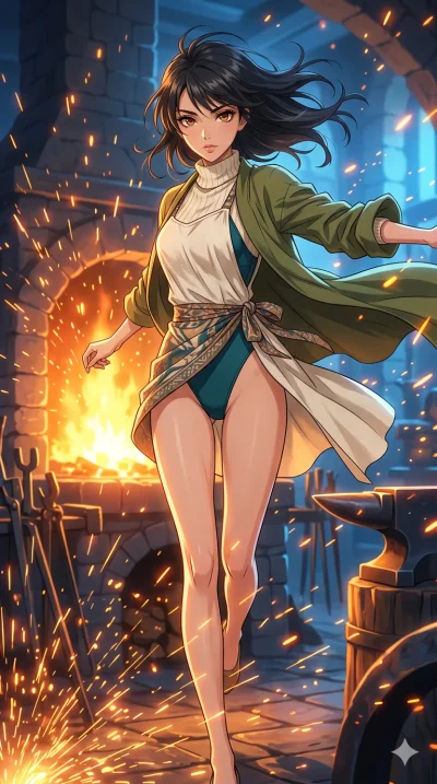 score_9, masterpiece, best quality, ultra-detailed, High-budget Anime Keyframe, beautiful Japanese anime girl. Upper body close-up from the thighs up, character filling the screen for maximum presence. Leaping through a shower of sparks from a giant 