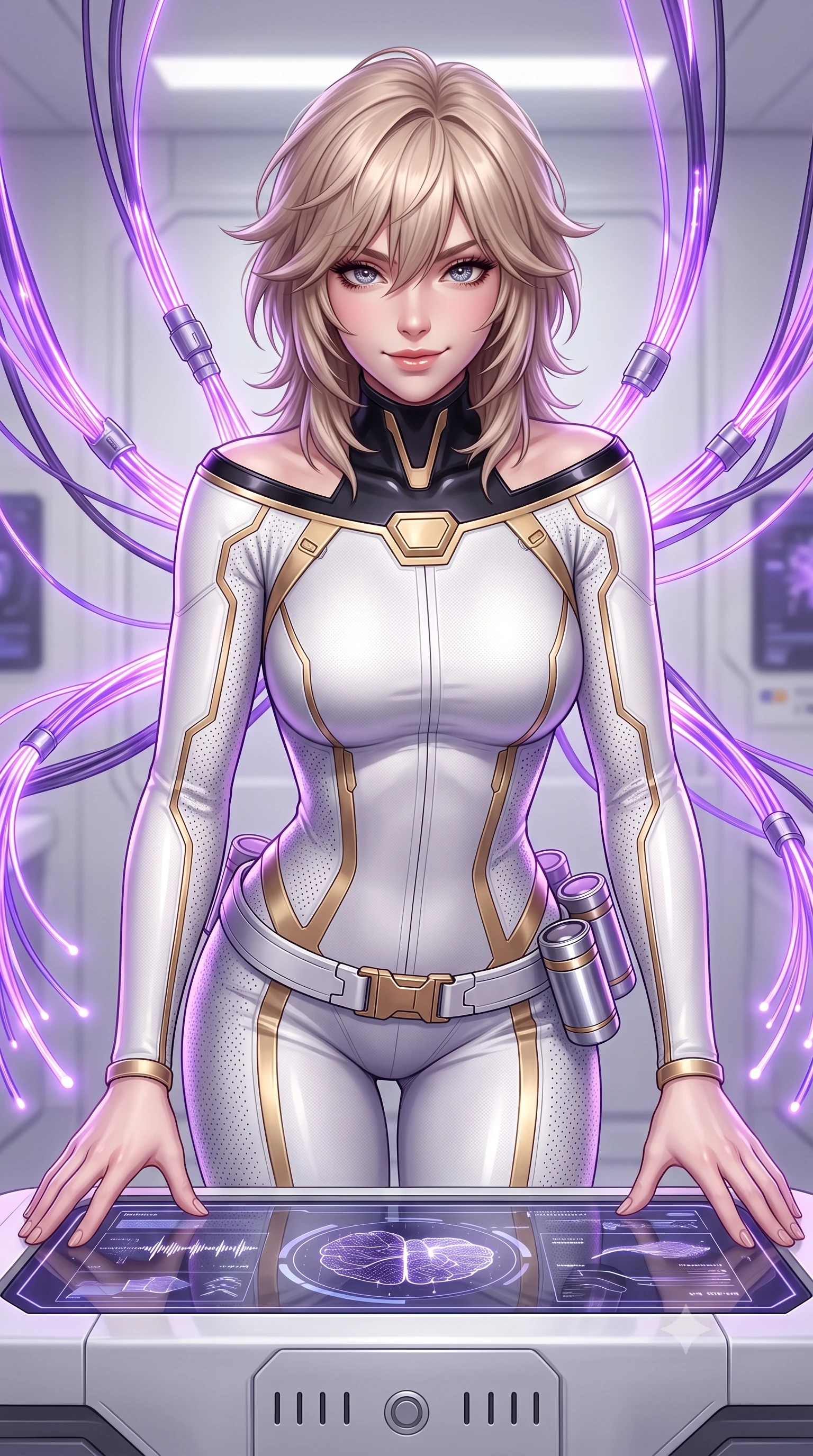 score_9, masterpiece, best quality, ultra-detailed, high-budget anime keyframe, semi-realistic 3D game render, editorial fashion photography, tasteful artistic composition, Japanese woman. close-up cowboy shot from the waist and thighs up, the character dominates the composition, filling the frame with her large presence. resting both hands lightly on the holoscreen pedestal while leaning toward the lens with a teasing smirk, her tight combat suit hugging her narrow waist and feminine hip curve while standing centered amidst floating fiber-optic neural cables that respond to her movement, arching her spine with ethereal, cybernetic majesty. The surrounding environment is rendered in vivid detail and crisp panoramic clarity: sharp fiber-optic light tips, brushed white composite surfaces, and neural port hardware clarity in deep focus. She has an exceptionally elegant, slender, and willowy female figure with an ultra-slim waist, flat toned midriff, narrow ribcage, and sculpted feminine hips creating an alluring, slim hourglass silhouette without bulk. sharp v-shaped jawline, high-bridge nose, intricate jewel-like sparkling eyes with depth, thick eyelashes, glossy parted lips with a natural sheen, bright confident smile with an enchanting and coquettish sensual glint, exuding both youthful magnetic charm and sovereign high-tech allure, flawlessly proportioned anatomical accuracy, strict slender model proportions, natural body alignment, perfectly sculpted long slender limbs, ultra-slim waistline, clean dynamic posture without body distortion. wearing a form-fitting white-and-gold zero-gravity EVA jumpsuit with an ultra-slim corseted waist and exposed clavicle line in glossy onyx black and warm champagne gold hardware, made of high-grade ballistic nylon with precision laser-cut perforations, accented with a sleek utility belt with polished magnetic canisters resting loosely on her curvy hips, the high-waisted tailoring accentuating her ultra-slim waistline and the enchanting curve of her feminine hips with alluring dark charm. bathed in soft diffuse white laboratory light and vibrant violet neural fiber glows. highly saturated vibrant anime colors, detailed shading with soft gradients, rich glossy textures, high-contrast stereoscopic depth, volumetric dynamic lighting, master piece, 9:16 ratio