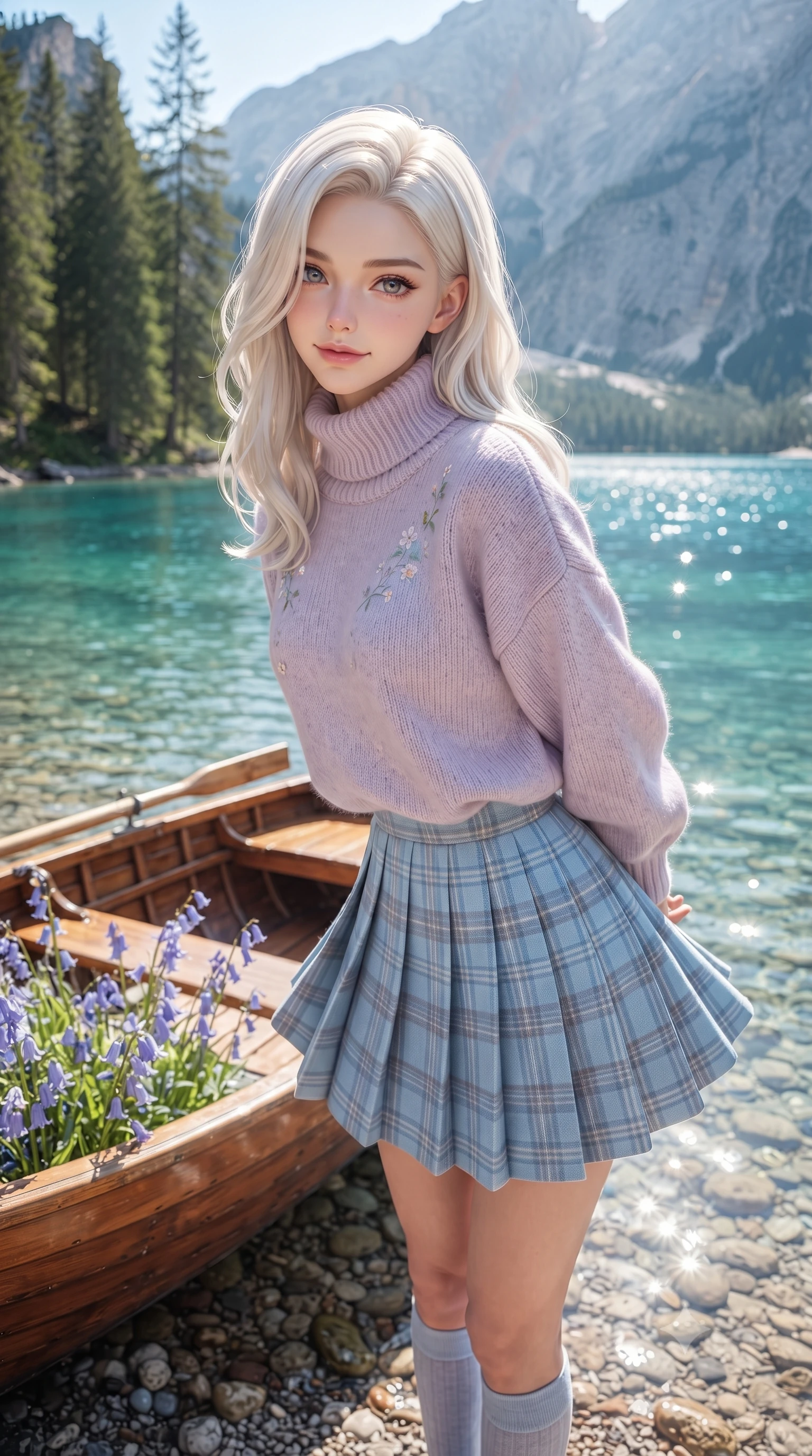 score_9, masterpiece, best quality, ultra-detailed, high-budget anime keyframe, editorial fashion photography, tasteful artistic composition, Caucasian woman. close-up cowboy shot from the waist and thighs up, the character dominates the composition, filling the frame with her large presence. clasping her hands behind her back and leaning forward playfully with a sweet, innocent girlhood expression while leaning gently against a vintage wooden rowboat filled with bluebells, casting a warm and charming gaze into the lens. The surrounding environment is rendered in vivid detail and crisp panoramic clarity. crystal-clear turquoise water revealing smooth underwater pebbles, towering pine needles, and distant peaks in high clarity. She has an exceptionally elegant, slender, and willowy female figure with an ultra-slim waist, a gracefully sculpted slender torso, toned flat midriff, and a refined slim silhouette. sharp v-shaped jawline, high-bridge nose, intricate jewel-like eyes with depth, thick eyelashes, glossy lips with a natural sheen, pure and lovely fresh girlhood expression, flawlessly proportioned anatomical accuracy, strict slender model proportions, natural body alignment, perfectly sculpted long slender limbs, ultra-slim waistline, clean dynamic posture without body distortion. wearing a cozy oversized turtleneck knit jumper paired with a pleated plaid wool skirt and knee-high socks in soft pastel lavender and delicate sky blue, made of comfortable premium stretch denim and airy cotton-jersey, complemented by subtle floral embroidery along the neckline and hem, the soft airy drape swaying gracefully with her dynamic movements, emphasizing her tall willowy build and slim waistline. bathed in radiant midday sunshine creating sparkling diamond glints across the turquoise lake surface. ultra-reflective glossy finish, specular highlights, rich natural textures, high-contrast stereoscopic depth, volumetric dynamic lighting, 2k, ultra detail, master piece, 9:16 ratio