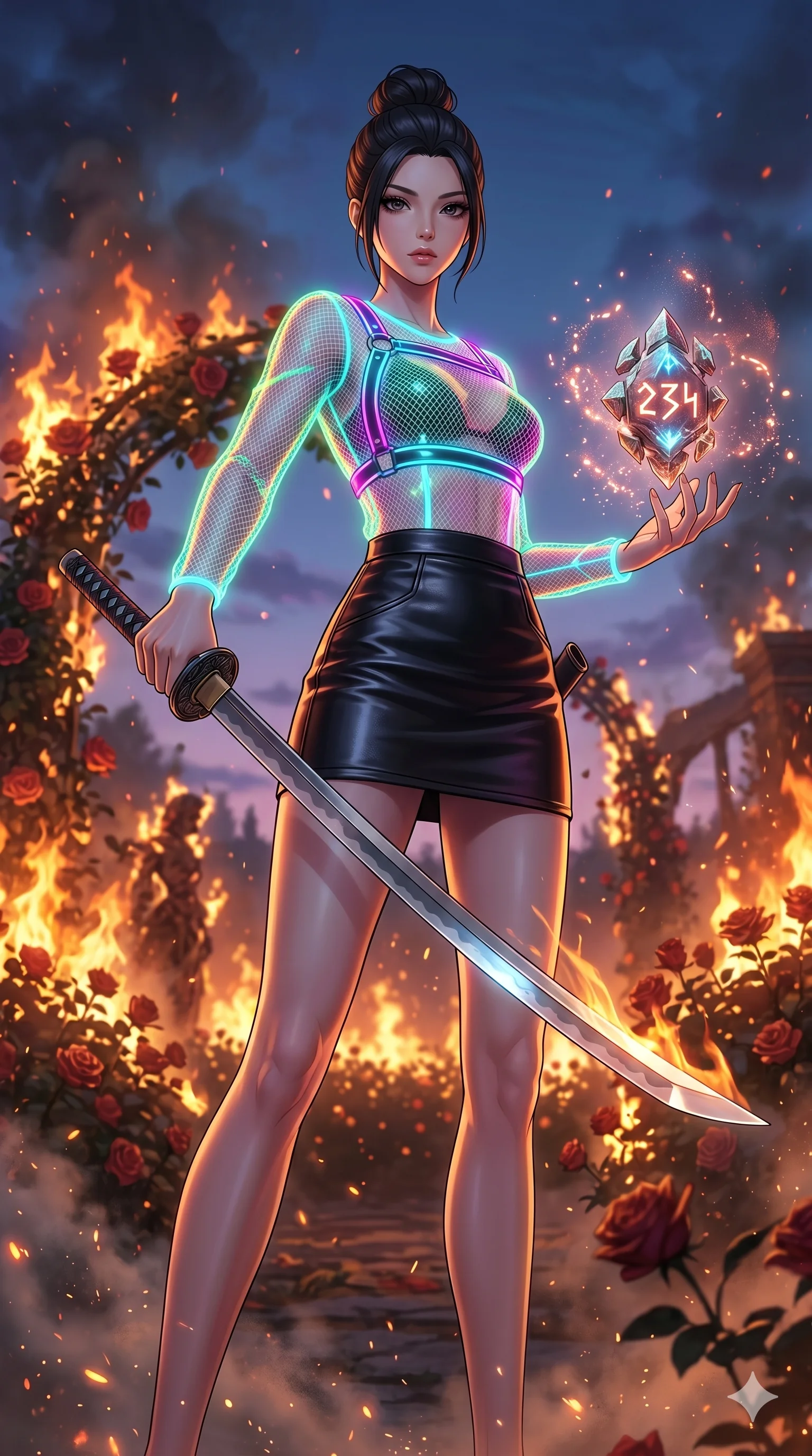score_9, masterpiece, best quality, ultra-detailed, Set A: High-budget Anime Keyframe, Japanese woman. Low angle cowboy shot filling the entire 9:16 frame with her statuesque presence. Drawing a blade through a burning rose garden, holding a relic that pulses with the frequency 234 and surrounded by glowing energy sparks. She has an absolutely perfect 8-heads proportion, an exceptionally tall and slender female figure with impossibly long slender legs and an ultra-slim waist. Sharp v-shaped jawline, high-bridge nose, intricate jewel-like eyes with depth, thick eyelashes, glossy lips with a natural sheen. Wearing Fluorescent mesh top with a leather mini-skirt and neon-lit harness details. Cinematic lighting, vibrant colors, dramatic shadows, 2k, ultra detail, master piece, 9:16 ratio
