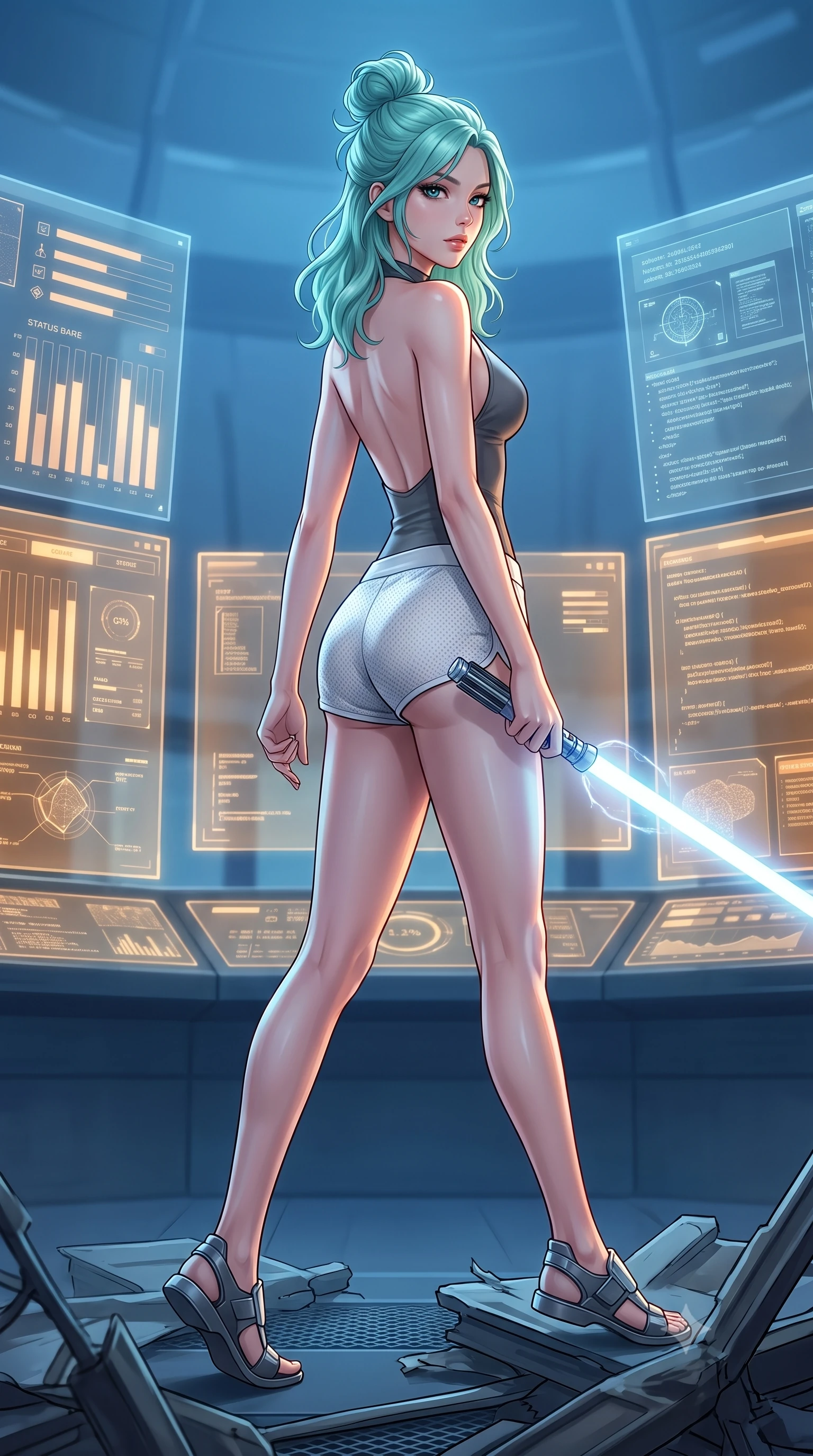 score_9, masterpiece, best quality, ultra-detailed, high-budget anime keyframe, editorial fashion photography, tasteful artistic composition, Japanese woman. low angle full-body shot from head to toe showing her feet, filling the entire 9:16 vertical frame with her statuesque presence, stretching her vertical silhouette. stepping gracefully through battlefield debris with a glowing saber hilt in hand, looking back over her shoulder, the background shows a soft-focus a tactical grid control balcony with glass panels showing status bar charts. She has an absolutely perfect, statuesque 8.5-heads proportion, an exceptionally tall and slender model-like female figure with impossibly long slender legs and an ultra-slim waist. sharp v-shaped jawline, high-bridge nose, intricate jewel-like eyes with depth, thick eyelashes, glossy lips with a natural sheen. wearing a body-hugging backless combat halter top in charcoal grey, paired with white carbon-mesh micro-shorts. soft amber screen glare contrasting with the cool blue simulation space. highly saturated vibrant anime colors, detailed shading with soft gradients, rich glossy textures, high-contrast stereoscopic depth, volumetric dynamic lighting, master piece, 9:16 ratio