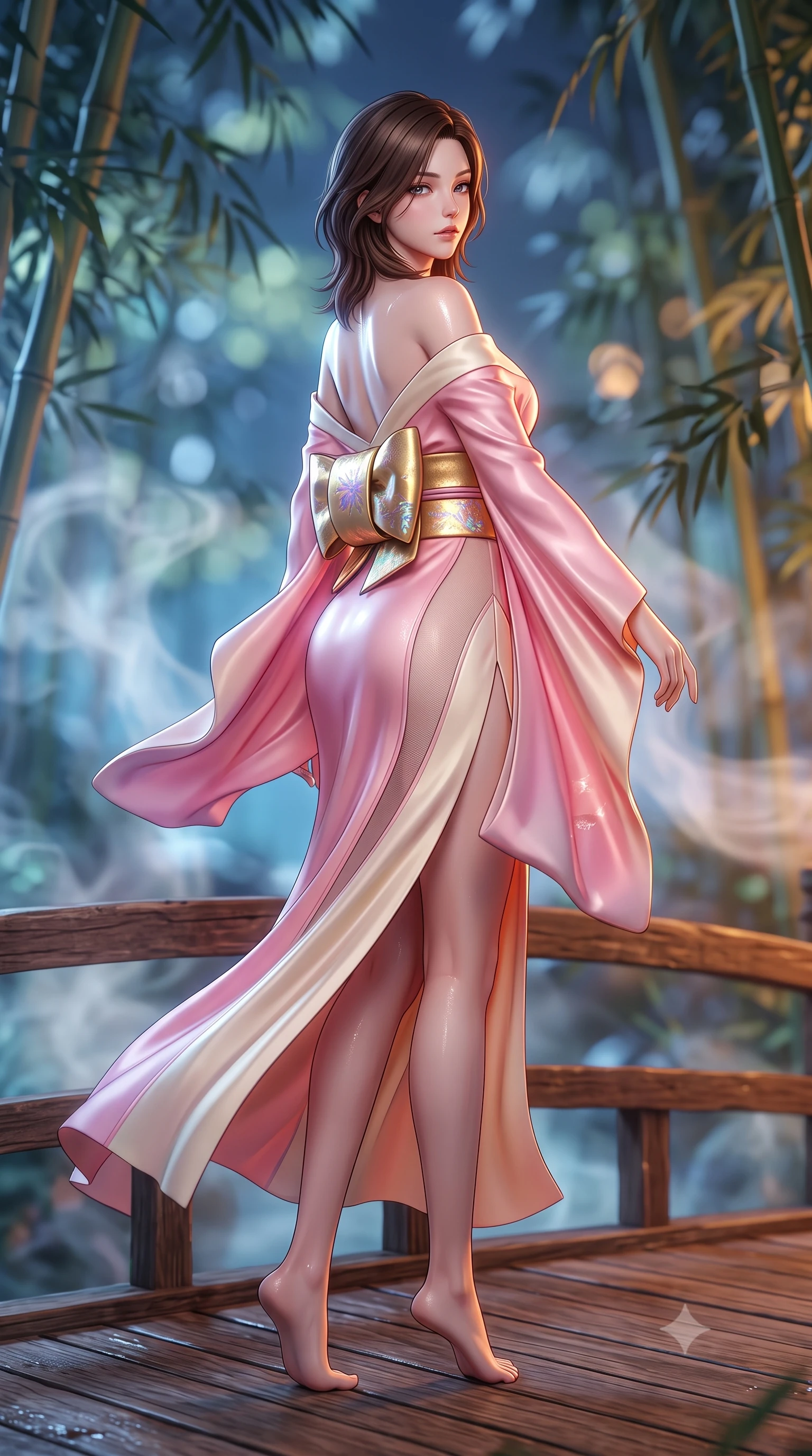score_9, masterpiece, best quality, ultra-detailed, high-budget anime keyframe, semi-realistic 3D game render, editorial fashion photography, tasteful artistic composition, Korean woman. low angle full-body shot from head to toe showing her feet, filling the entire 9:16 vertical frame with her statuesque presence, stretching her vertical silhouette. executing an elegant mid-motion pivot turn as garments swirl around her slender limbs, glancing over her shoulder with an intoxicating bedroom-gaze while standing poised on the wooden bridge terrace, twisting her upper body in an alluring S-curve as night wind rustles through the bamboo canopy. The composition keeps background elements in soft focus with creamy bokeh. swirling thermal steam vapors and rustling bamboo stalks blurred into cool cerulean, soft jade-green, and warm amber bokeh. She has an absolutely perfect, statuesque 8.5-heads proportion, an exceptionally tall and slender model-like female figure with impossibly long slender legs, a toned flat midriff, an ultra-slim waist, and beautifully sculpted feminine hips. sharp v-shaped jawline, high-bridge nose, intricate jewel-like eyes with depth, thick eyelashes, glossy parted lips with a natural sheen, intensely captivating and seductive bedroom-eyes expression, flawlessly proportioned anatomical accuracy, strict slender model proportions, natural body alignment, perfectly sculpted long slender limbs, ultra-slim waistline, clean dynamic posture without body distortion. wearing a backless off-shoulder silk kimono gown with fluttering drapes and an ultra-high side slit in sakura blossom pink and warm ivory, made of sheer contouring power-mesh panels with anatomical curve lines, complemented by a wide metallic gold obi sash with holographic floral embroidery, the second-skin form-contouring cut accentuating her sculpted flat midriff, narrow waistline, and dramatically curvy hips without adding bulk. illuminated by wet specular highlights accentuating her slender neckline, sculpted waist, and rounded hips. highly saturated vibrant anime colors, detailed shading with soft gradients, rich glossy textures, high-contrast stereoscopic depth, volumetric dynamic lighting, master piece, 9:16 ratio