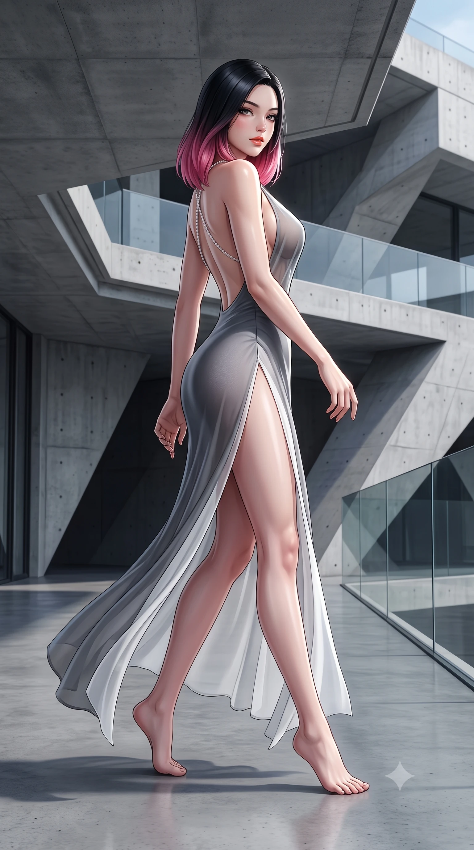 score_9, masterpiece, best quality, ultra-detailed, high-budget anime keyframe, semi-realistic 3D game render, editorial fashion photography, tasteful artistic composition, Korean woman. low angle full-body shot from head to toe showing her feet, filling the entire 9:16 vertical frame with her statuesque presence, stretching her vertical silhouette. walking along the terrace with poise, looking back over her bare shoulder with an irresistible smoldering bedroom-gaze while twisting her slender torso in an alluring contrapposto stance, stark diagonal shadow wedges framing her narrow waist and rounded hips. The surrounding environment is rendered in vivid detail and crisp panoramic clarity: detailed second-skin stretch knit cling, glossy lip sheen, and sculptural brutalist architecture in razor-sharp precision. She has an absolutely perfect, statuesque 8.5-heads proportion, an exceptionally tall and slender model-like female figure with impossibly long slender legs, an ultra-slim waist, a flat toned midriff, narrow delicate ribcage, and beautifully sculpted feminine hips creating a graceful, slim hourglass silhouette without any bulky heaviness. sharp v-shaped jawline, high-bridge nose, sparkling eyes with hypnotic seductive depth, thick curled eyelashes, glossy parted lips with a natural dewy peach sheen, alluring bedroom-eyes with an enchanting coquettish smile, exuding magnetic siren charisma and sophisticated glamour, flawlessly proportioned anatomical accuracy, strict slender model proportions, natural body alignment, perfectly sculpted long slender limbs, ultra-slim waistline, clean dynamic posture without body distortion. wearing a deep V-neck sheer gossamer chiffon vampire dress with an open-back scoop and dramatic flowing side leg slit in architectural titanium grey and pure milk white, crafted from smooth liquid-tight stretch jersey emphasizing every curve of her body, accented with a pearl-drop body harness subtly framing her dewy collarbones and spine, the high-slit wrap tailoring accentuating her ultra-slim waistline and the enchanting curve of her feminine hips with alluring seductive charm. illuminated by concrete bounce fill and sharp platinum-white rim lights sculpting her jawline, flat midriff, and curvaceous hips. highly saturated vibrant anime colors, detailed shading with soft gradients, rich glossy textures, high-contrast stereoscopic depth, volumetric dynamic lighting, master piece, 9:16 ratio