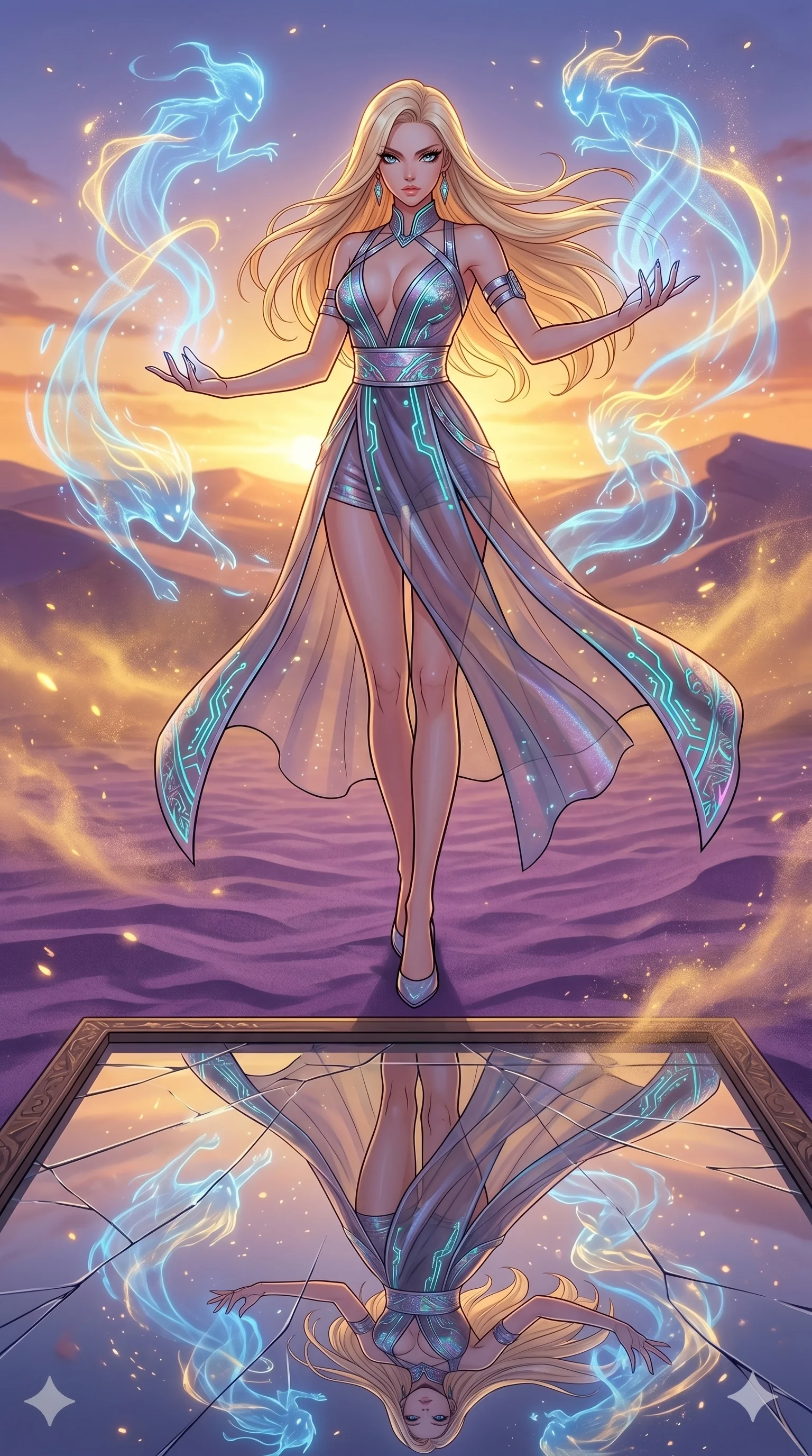 score_9, masterpiece, best quality, ultra-detailed, high-budget anime movie keyframe, cinematic anime lighting, intricate line art, Japanese woman. Low angle cowboy shot filling the entire 9:16 frame with her statuesque presence. summoning mystical spirits in a desert of purple sands during a golden sunset. She has an absolutely perfect 8-heads proportion, an exceptionally tall and slender female figure with an ultra-slim waist and impossibly long slender legs. sharp v-shaped jawline, high-bridge nose, intricate jewel-like eyes, thick eyelashes, glossy lips. Wearing modernized deep-plunging silk hanbok-fusion with metallic straps, a high-slit sheer skirt over micro-shorts, and holographic embroidered patterns. The scene is illuminated by dramatic atmospheric lighting and vibrant color palettes. , 2k, ultra detail, master piece, 9:16 ratio