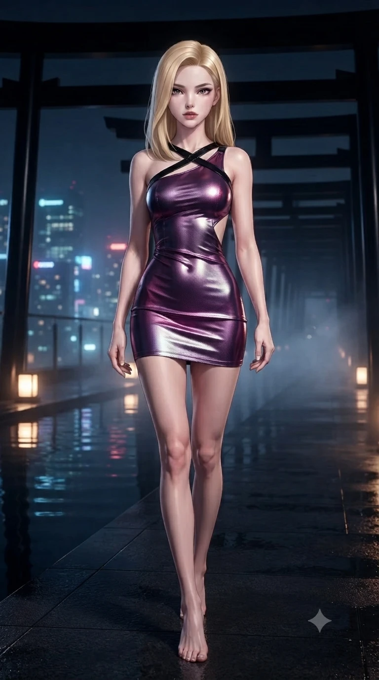 score_9, masterpiece, best quality, ultra-detailed, high-budget anime keyframe, editorial fashion photography, tasteful artistic composition, Korean woman. low angle full-body shot from head to toe showing her feet, filling the entire 9:16 vertical frame with her statuesque presence, stretching her vertical silhouette. walking through the endless corridor of black lacquer Torii gates at midnight with hypnotic feline grace while standing beside a dark infinity pool reflecting distant night city skyscrapers, cool night mist drifting gently across the dark rooftop terrace. The background shows a soft-focus distant glittering high-rise skyscrapers, drifting cool rooftop mist, and glass terrace parapets blurred into topaz, cobalt, and obsidian bokeh. She has an absolutely perfect, statuesque 8.5-heads proportion, an exceptionally tall and slender model-like female figure with impossibly long slender legs, an ultra-slim waist, a flat toned midriff, narrow delicate ribcage, and beautifully sculpted feminine hips creating a graceful, slim hourglass silhouette without any bulky heaviness. sharp v-shaped jawline, high-bridge nose, intricate jewel-like dark sparkling eyes with hypnotic seductive depth, thick curled eyelashes, glossy parted lips with a natural wine sheen, alluring bedroom-eyes with an enigmatic smoldering smile, exuding magnetic sovereign charisma and dark avant-garde glamour, flawlessly proportioned anatomical accuracy, strict slender model proportions, natural body alignment, perfectly sculpted long slender limbs, ultra-slim waistline, clean dynamic posture without body distortion. wearing an asymmetric one-shoulder liquid mercury metallic mini dress hugging her narrow waist and curvy hips in royal amaranth purple and liquid platinum, woven from matte carbon-fiber weave with high-tech structural hold, featuring an open-back criss-cross harness strap in patent black leather, the form-fitting cut adhering flawlessly to her sculpted flat midriff and slender torso, emphasizing her long leg lines and perfectly proportioned willowy build. illuminated by low warm amber garden lights and distant city skyglow reflecting off still pool waters. ultra-reflective glossy finish, specular highlights, metallic sheen, high-contrast stereoscopic depth, volumetric dynamic lighting, 2k, ultra detail, master piece, 9:16 ratio