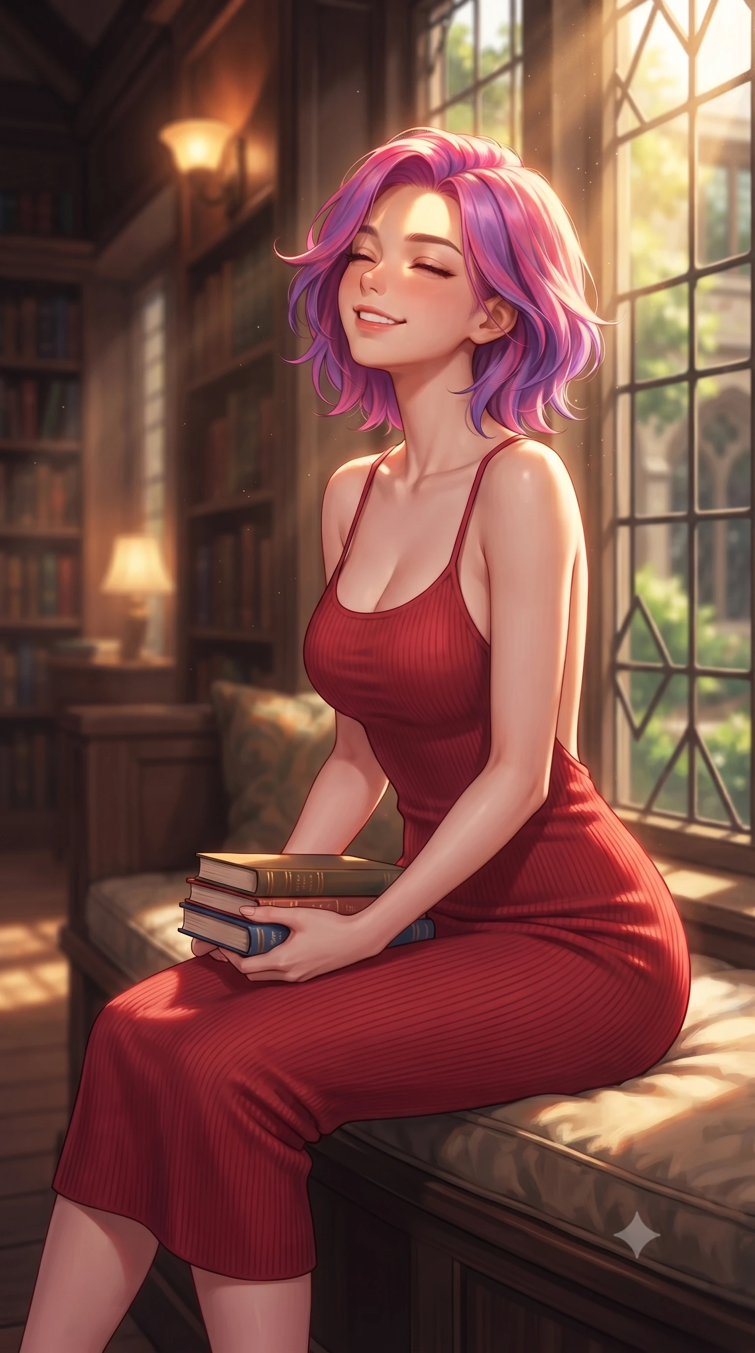 score_9, masterpiece, best quality, ultra-detailed, high-budget anime keyframe, editorial fashion photography, tasteful artistic composition, Caucasian woman. close-up cowboy shot from the waist and thighs up, the character dominates the composition, filling the frame with her large presence, background elements kept in soft focus. smiling happily with closed eyes, enjoying the warm sunbeams on her face set against a soft-focus background of sitting on a window bench of a quiet library overlooking a green courtyard holding a small stack of classic novels with a bright, proud look. She has an exceptionally elegant, slender, and willowy female figure with an ultra-slim waist, a gracefully sculpted slender torso, and a refined silhouette. sharp v-shaped jawline, high-bridge nose, intricate jewel-like eyes with depth, thick eyelashes, glossy lips with a natural sheen. wearing body-hugging body-hugging knit midi dress with a tasteful open-back design and thin straps. warm ambient uplighting creating a cozy, studious evening ambiance. highly saturated vibrant anime colors, detailed shading with soft gradients, rich glossy textures, high-contrast stereoscopic depth, volumetric dynamic lighting, master piece, 9:16 ratio