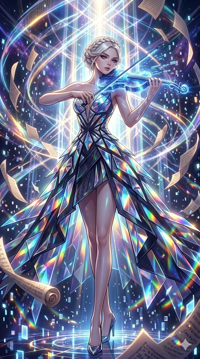 score_9, masterpiece, best quality, ultra-detailed, Set A: High-budget Anime Keyframe, Japanese woman. Low angle cowboy shot filling the entire 9:16 frame with her statuesque presence. Theme: Abstract Cosmic. playing a holographic violin in a temple 