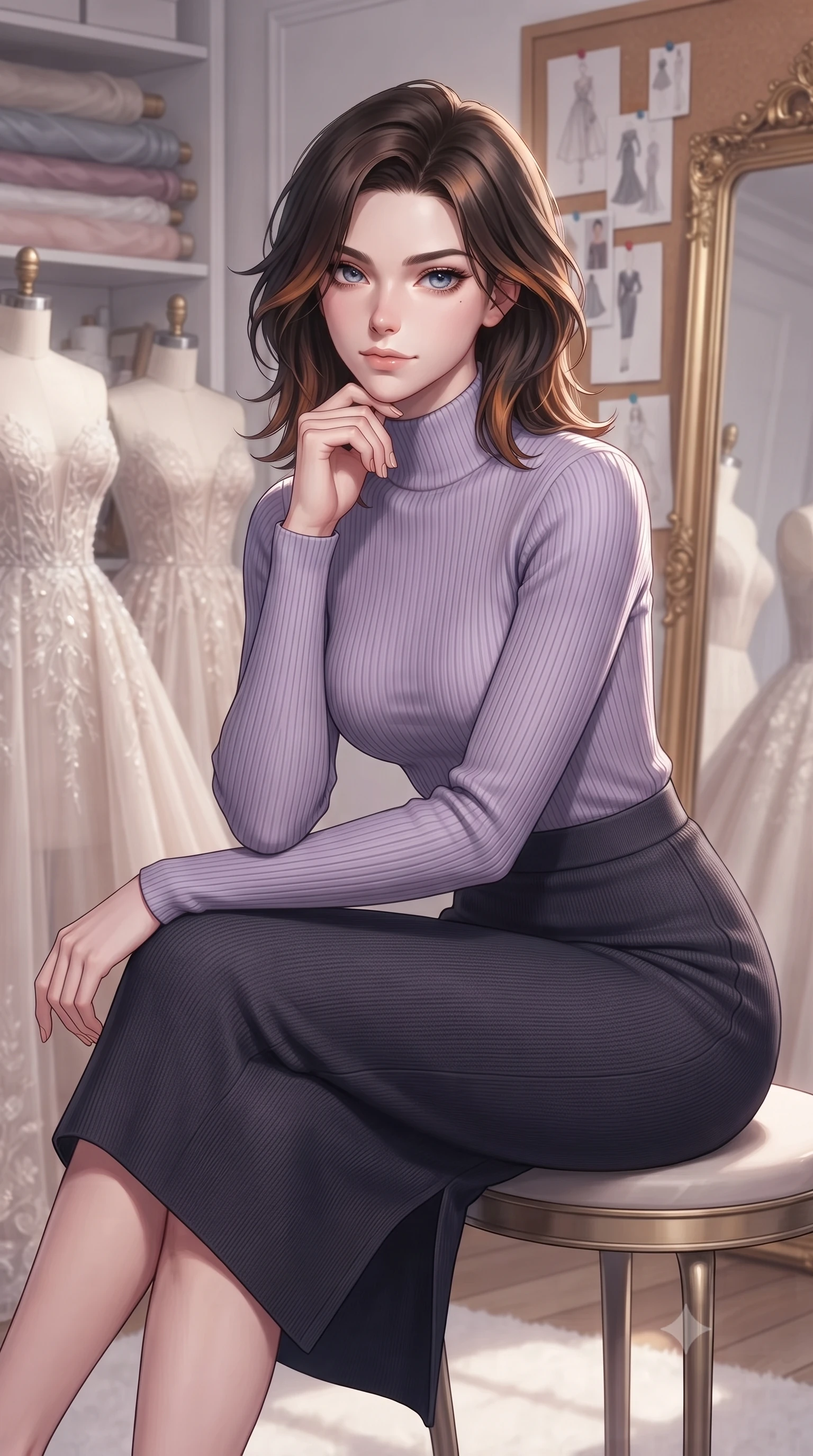 score_9, masterpiece, best quality, ultra-detailed, high-budget anime keyframe, editorial fashion photography, tasteful artistic composition, Korean woman. close-up cowboy shot from the waist and thighs up, the character dominates the composition, filling the frame with her large presence, background elements kept in soft focus. Resting her chin on the backs of her fingers in a confident pose. set against a soft-focus background of a luxury fashion designer's private studio with elegant dress forms draped in half-finished couture gowns bolts of silk and tulle stacked on shelves fashion sketches pinned everywhere and gilt-framed mirrors. She has an exceptionally elegant and slender, willowy female figure with an ultra-slim waist, a gracefully sculpted slender torso, and a refined slim physique. sharp v-shaped jawline, high-bridge nose, intricate jewel-like eyes with depth, thick eyelashes, glossy lips with a natural sheen. wearing a high-neck ribbed knit top in lavender, paired with a matching form-fitting knit pencil skirt in deep charcoal. soft glowing ambient light with sharp side key light tracing the sleek contours of her figure. 2k, ultra detail, master piece, 9:16 ratio
