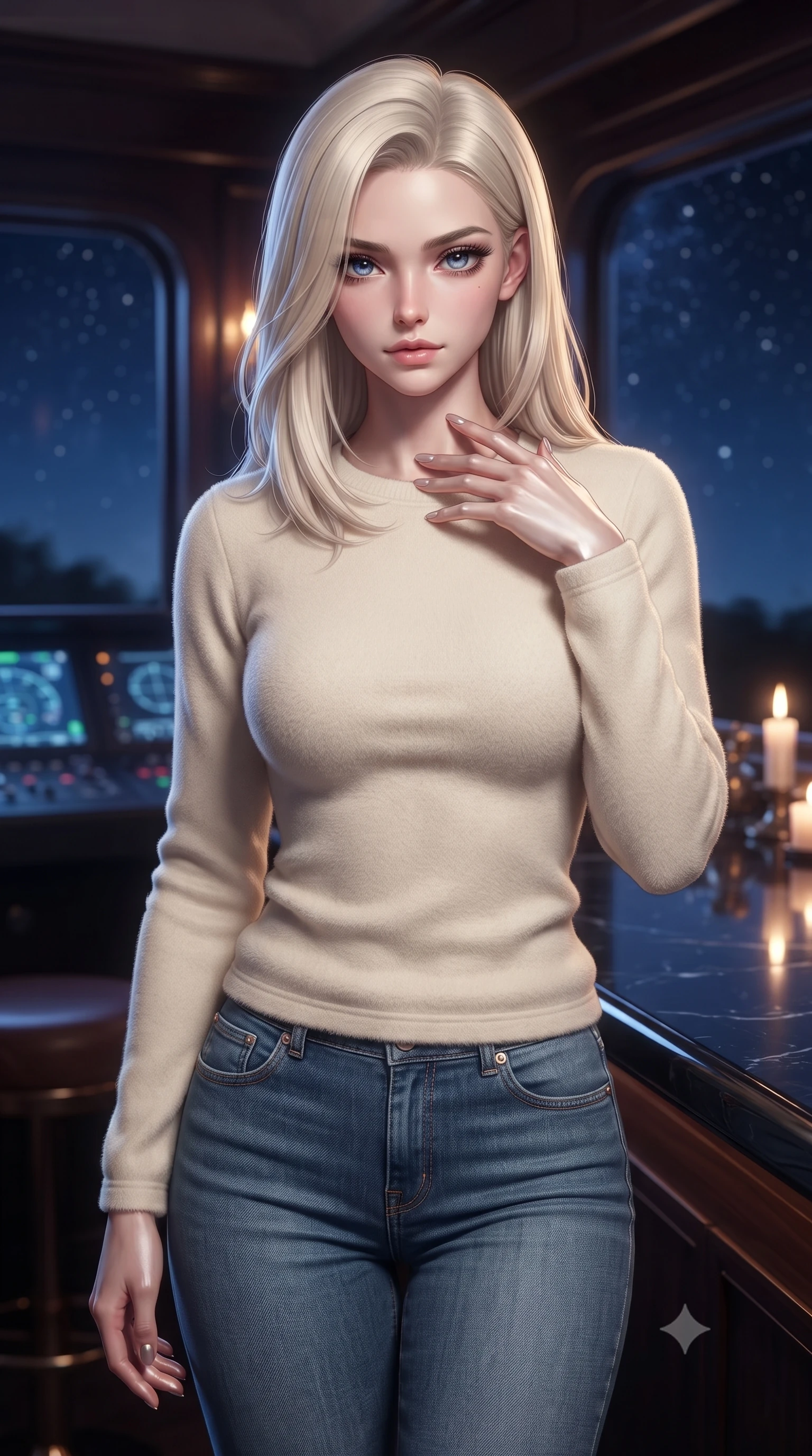 score_9, masterpiece, best quality, ultra-detailed, high-budget anime keyframe, editorial fashion photography, tasteful artistic composition, Caucasian woman. close-up cowboy shot from the waist and thighs up, the character dominates the composition, filling the frame with her large presence, background elements kept in soft focus. standing with one hand resting on her collarbone, looking at the viewer with bedroom-eyes the background shows a soft-focus a scenic train bar with a polished obsidian counter reflecting the starry night sky. She has an exceptionally elegant, slender, and willowy female figure with an ultra-slim waist, a gracefully sculpted slender torso, and a refined silhouette. sharp v-shaped jawline, high-bridge nose, intricate jewel-like eyes with depth, thick eyelashes, glossy lips with a natural sheen. wearing a slim-fit comfortable cream fleece sweater over blue denim jeans. soft ambient blue light from the dashboard contrasting with warm candlelight. ultra-reflective glossy finish, specular highlights, metallic sheen, high-contrast stereoscopic depth, volumetric dynamic lighting, 2k, ultra detail, master piece, 9:16 ratio