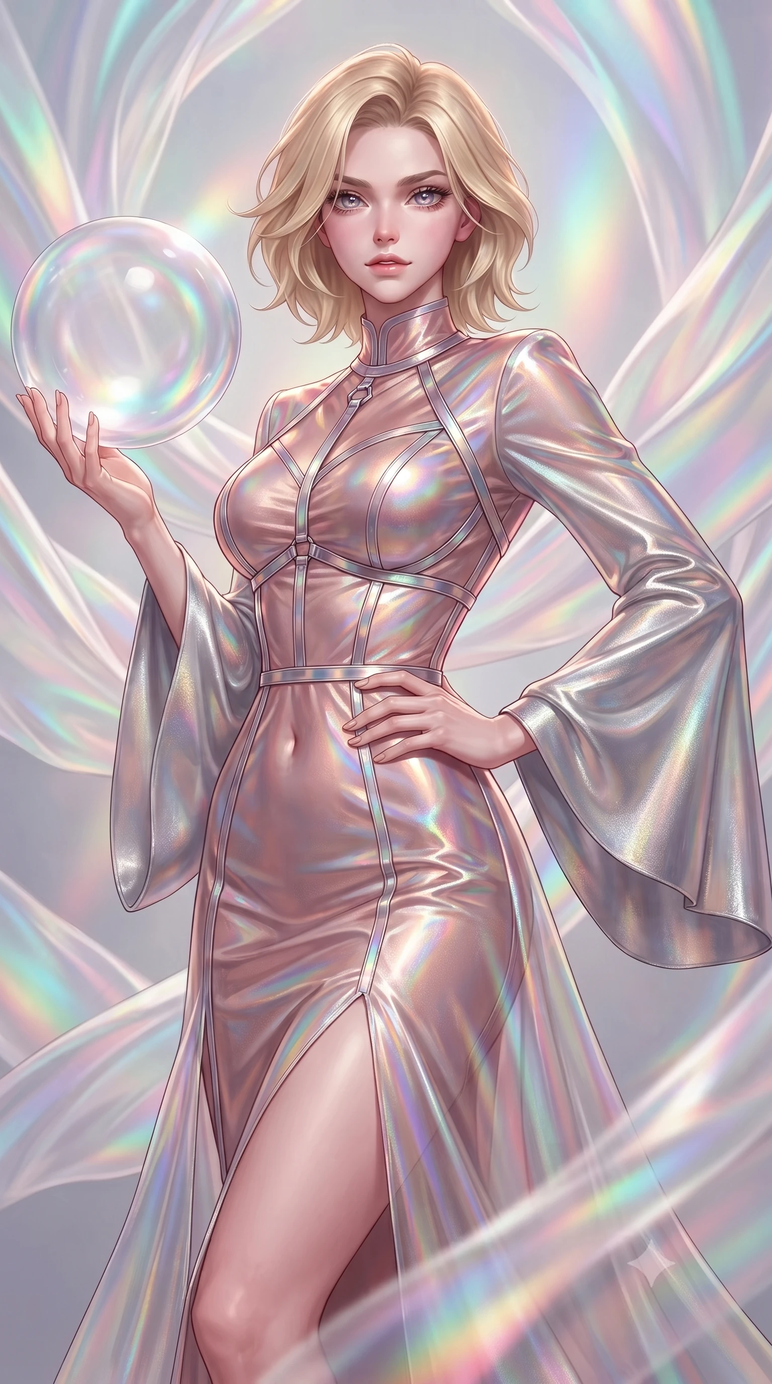 score_9, masterpiece, best quality, ultra-detailed, high-budget anime keyframe, editorial fashion photography, tasteful artistic composition, Caucasian woman. close-up cowboy shot from the waist and thighs up, the character dominates the composition, filling the frame with her large presence, background elements kept in soft focus. Holding a confident power pose with one hand on her hip, resting against a floating glass sphere amidst swirling opal fabric streams, iridescent opal silk ribbons shifting color from pearl white to pastel rose and turquoise. She has an exceptionally elegant, slender, and willowy female figure with an ultra-slim waist, a gracefully sculpted slender torso, and a refined silhouette. sharp v-shaped jawline, high-bridge nose, intricate jewel-like eyes with depth, thick eyelashes, glossy lips with a natural sheen. wearing gothic high-collar rose-gold silk evening gown with long bell sleeves in metallic silver, made of iridescent hologram organza, highlighted by a platinum metallic harness structure, the fitted fabric emphasizing her ultra-slim waist. illuminated by soft multi-color rainbow light refracting through opal silk. highly saturated vibrant anime colors, detailed shading with soft gradients, rich glossy textures, high-contrast stereoscopic depth, volumetric dynamic lighting, master piece, 9:16 ratio