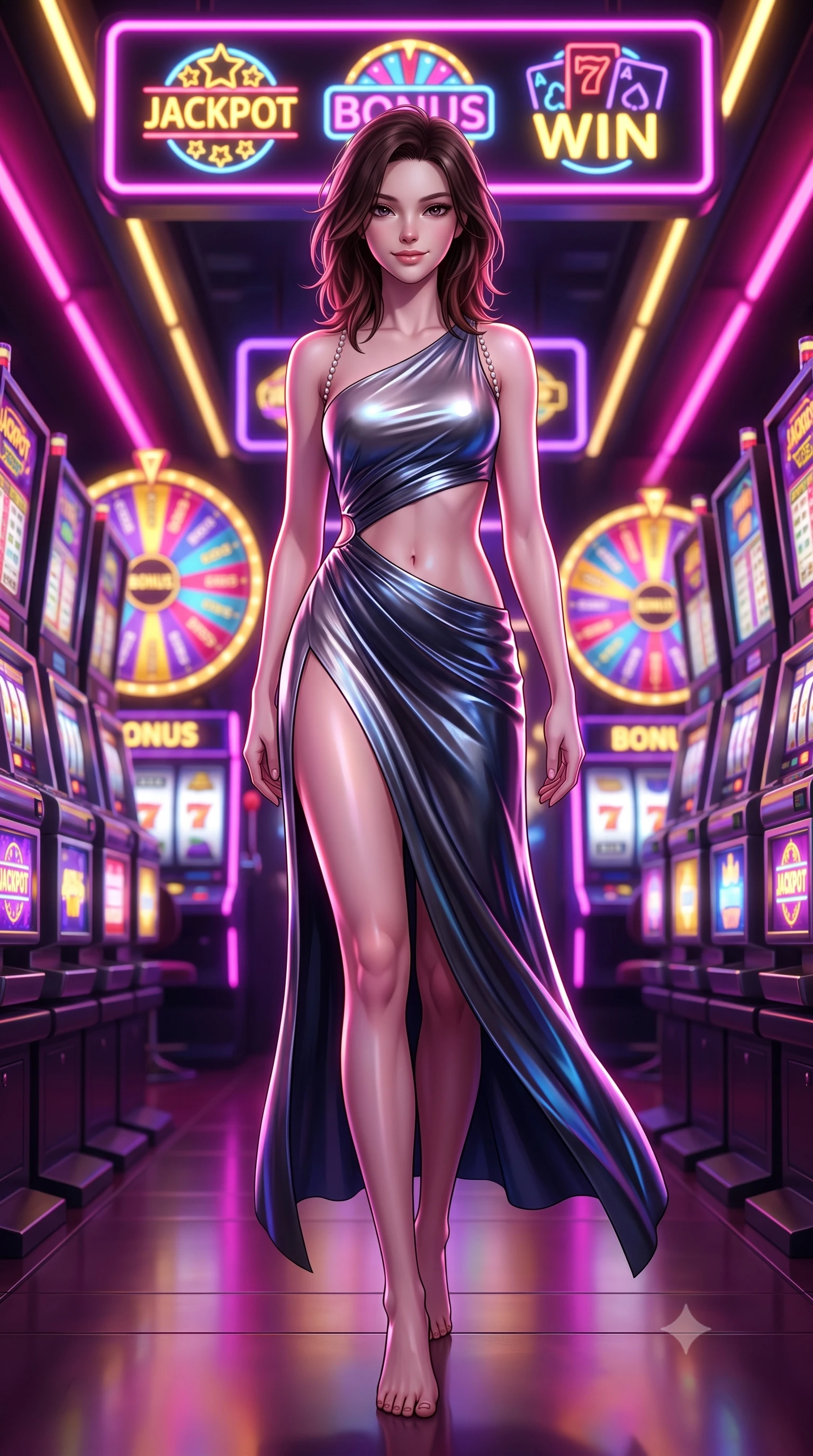 score_9, masterpiece, best quality, ultra-detailed, high-budget anime keyframe, semi-realistic 3D game render, editorial fashion photography, tasteful artistic composition, Korean woman. low angle full-body shot from head to toe showing her feet, filling the entire 9:16 vertical frame with her statuesque presence, stretching her vertical silhouette. stepping slowly toward the camera with hypnotic grace, hips swaying in an alluring sensual rhythm that accentuates her curvy hourglass silhouette and long slender legs while standing poised in the narrow neon gaming corridor, arching her spine as jackpot strobe lights flash across her curves. The background shows a soft-focus hundreds of flashing digital slot reels, spinning bonus wheels, and overhead neon signs blurred into electric fuchsia, gold, and violet bokeh. She has an absolutely perfect, statuesque 8.5-heads proportion, an exceptionally tall and slender model-like female figure with impossibly long slender legs, an ultra-slim waist, a flat toned midriff, narrow delicate ribcage, and beautifully sculpted feminine hips creating a graceful, slim hourglass silhouette without any bulky heaviness. sharp v-shaped jawline, high-bridge nose, sparkling eyes with hypnotic seductive depth, thick curled eyelashes, glossy parted lips with a natural dewy peach sheen, alluring bedroom-eyes with an enchanting coquettish smile, exuding magnetic siren charisma and sophisticated glamour, flawlessly proportioned anatomical accuracy, strict slender model proportions, natural body alignment, perfectly sculpted long slender limbs, ultra-slim waistline, clean dynamic posture without body distortion. wearing an asymmetric one-shoulder liquid jersey nymph dress with dramatic hip-high slit and waist cutout in molten liquid platinum and midnight charcoal with sapphire reflections, woven from stretch metallic lurex jersey casting radiant starlight glints across her silhouette, finished with a pearl-drop body harness subtly framing her dewy collarbones and spine, the glove-like clinging cut tightly following the natural contour of her hips and long slender legs with youthful 8.5-heads elegance. illuminated by coin tray bounce and sharp magenta-gold rim lights sculpting her jawline, flat midriff, and voluptuous hip curves. highly saturated vibrant anime colors, detailed shading with soft gradients, rich glossy textures, high-contrast stereoscopic depth, volumetric dynamic lighting, master piece, 9:16 ratio