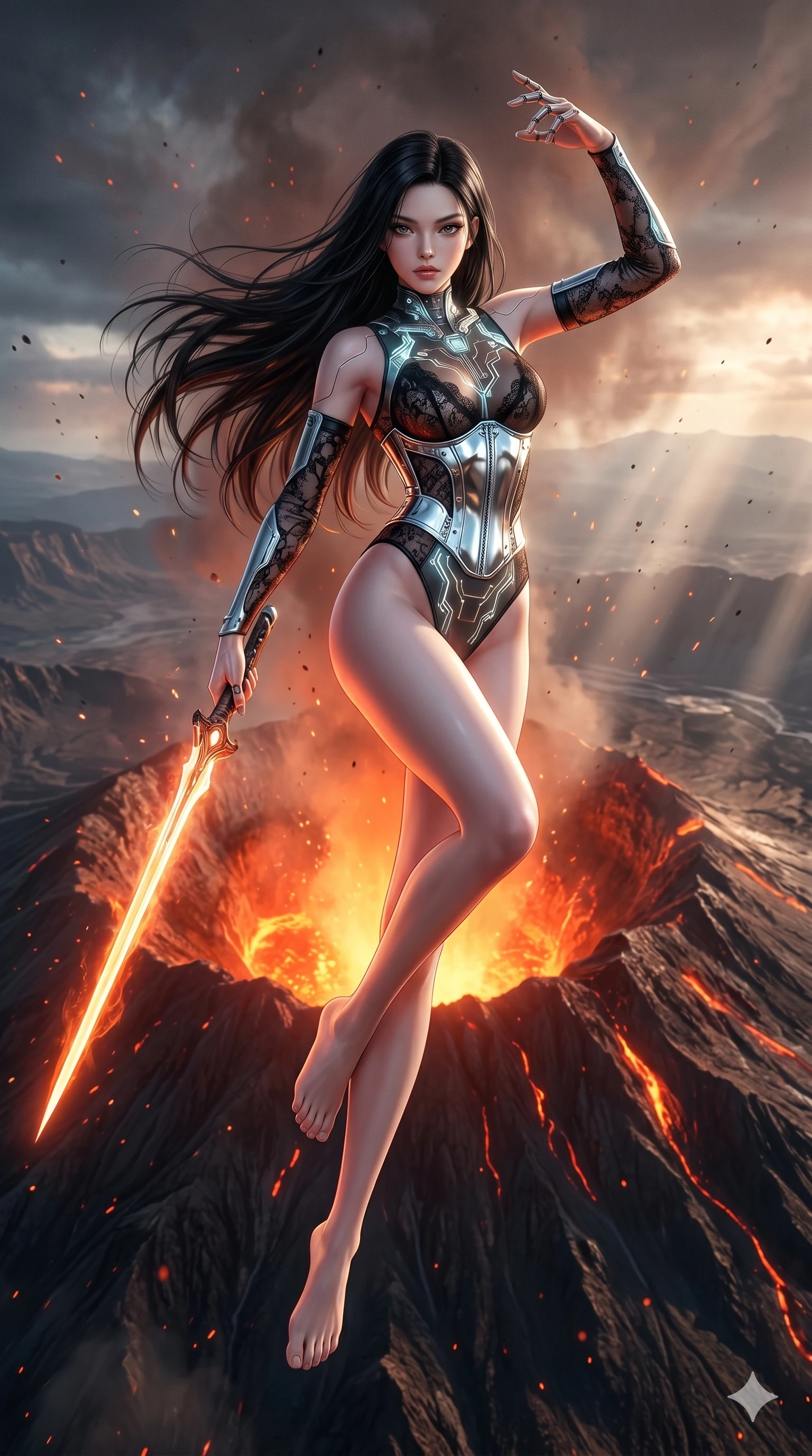 score_9, masterpiece, best quality, ultra-detailed, photorealistic 8k CG, hyper-detailed textures, ray-tracing, Korean woman. Mid-air action shot capturing a graceful twist and vertical silhouette. manipulating the heat of a volcano to forge a new weapon. She has an absolutely perfect 8-heads proportion, an exceptionally tall and slender female figure with an ultra-slim waist and impossibly long slender legs. strictly human anatomy, two legs only, no extra limbs, clearly defined legs and arms, perfect anatomy, perfect hands and fingers. sharp v-shaped jawline, high-bridge nose, intricate jewel-like eyes, thick eyelashes, glossy lips. Wearing Cyber-Tech Legacy: Asymmetrical high-cut tech-bodysuit with detached sleeves and chrome-plated corset over sheer lace. The scene is illuminated by dramatic atmospheric lighting and vibrant color palettes. , 2k, ultra detail, master piece, 9:16 ratio