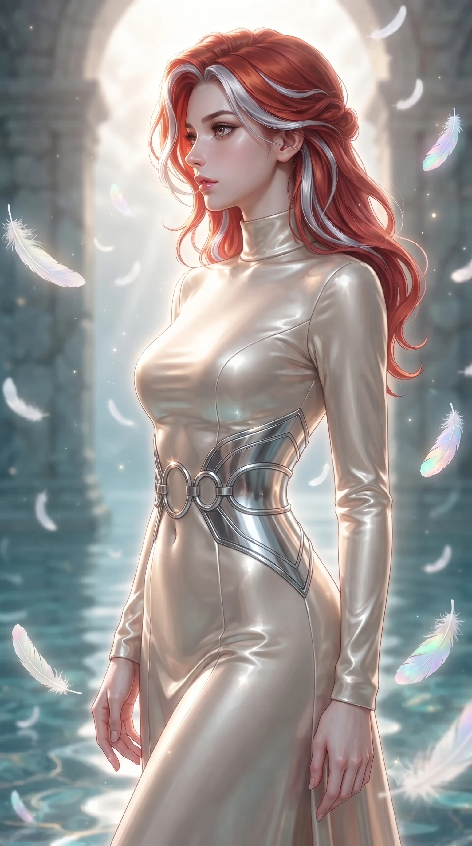 score_9, masterpiece, best quality, ultra-detailed, high-budget anime keyframe, editorial fashion photography, tasteful artistic composition, Caucasian woman. close-up cowboy shot from the waist and thighs up, the character dominates the composition, filling the frame with her large presence, background elements kept in soft focus. Turning her face in sharp dramatic profile against the radiant light, navigating a serene water sanctuary as white swan feathers hover in zero-gravity, iridescent opal feathers floating gracefully in the air catching morning light. She has an exceptionally elegant, slender, and willowy female figure with an ultra-slim waist, a gracefully sculpted slender torso, and a refined silhouette. sharp v-shaped jawline, high-bridge nose, intricate jewel-like eyes with depth, thick eyelashes, glossy lips with a natural sheen. wearing floor-length high-neck champagne silk velvet gown with long sleeves in radiant platinum, made of sculpted platinum chrome, accented with sculpted opal chrome rings at the waist, accentuating her gracefully sculpted slender torso. surrounded by a radiant ethereal aura with soft glowing edge lights. ultra-reflective glossy finish, specular highlights, metallic sheen, high-contrast stereoscopic depth, volumetric dynamic lighting, 2k, ultra detail, master piece, 9:16 ratio