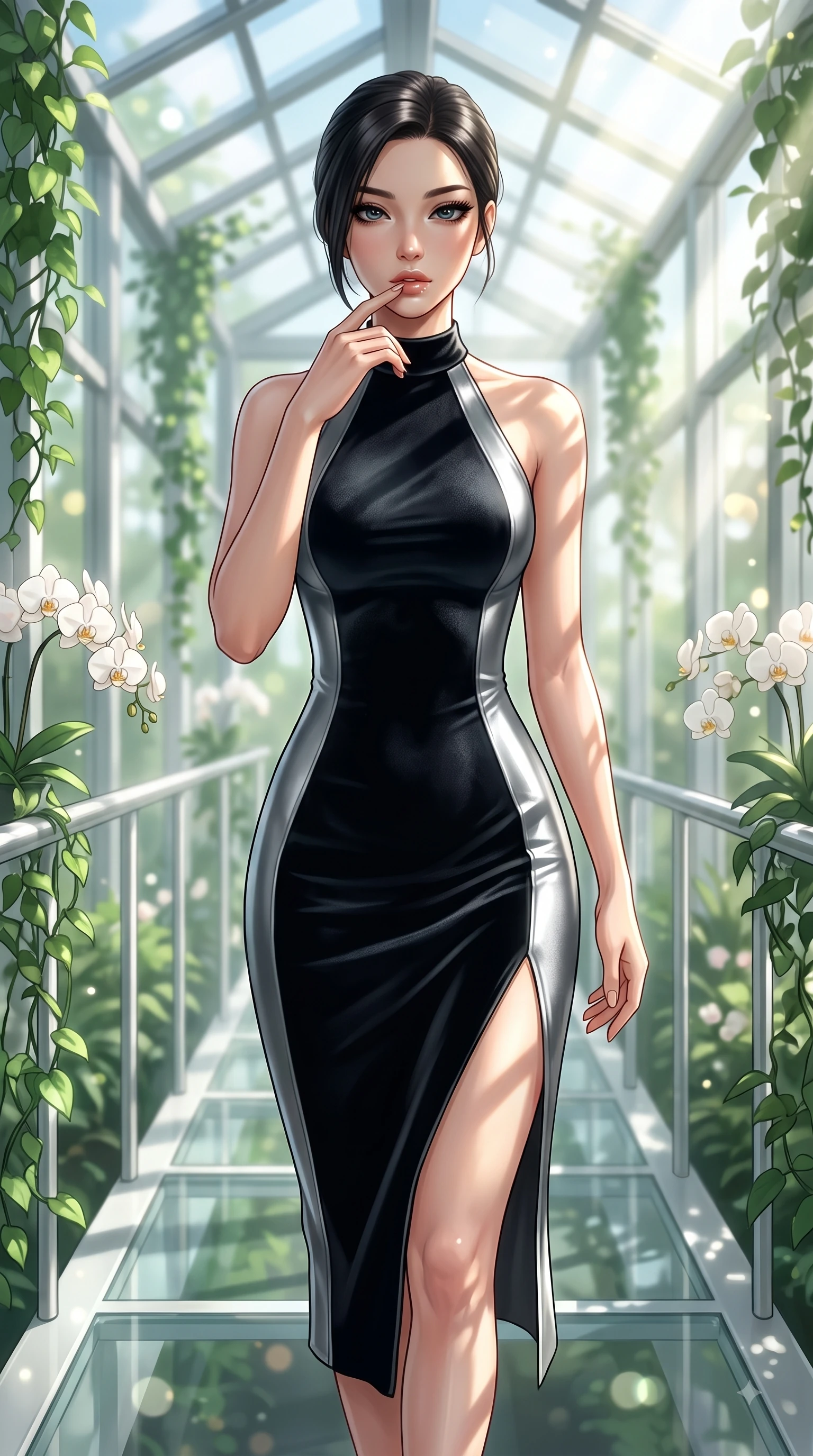score_9, masterpiece, best quality, ultra-detailed, high-budget anime keyframe, editorial fashion photography, tasteful artistic composition, Japanese woman. close-up cowboy shot from the waist and thighs up, the character dominates the composition, filling the frame with her large presence, background elements kept in soft focus. Resting two fingers near her glossy lips, casting a sharp mysterious side-gaze during her dynamic motion while walking along a platinum-framed glass walkway flanked by lush green vines and white orchids, intense volumetric sunbeams filtering through the glass ceiling, creating stencil shadows. She has an exceptionally elegant, slender, and willowy female figure with an ultra-slim waist, a gracefully sculpted slender torso, and a refined silhouette. sharp v-shaped jawline, high-bridge nose, intricate jewel-like eyes with depth, thick eyelashes, glossy lips with a natural sheen, flawlessly proportioned anatomical accuracy, natural body alignment, perfectly sculpted elegant limbs, clean dynamic posture without body distortion. wearing a velvet halter-neck midi dress following her form like a glove in matte black and polished silver, formed from sleek second-skin neoprene, finished with a sleek side slit ascending to mid-thigh, the tailored fabric tightly following every curve of her athletic build. surrounded by a bright, airy ambiance with radiant white and green highlights. ultra-reflective glossy finish, specular highlights, metallic sheen, high-contrast stereoscopic depth, volumetric dynamic lighting, 2k, ultra detail, master piece, 9:16 ratio