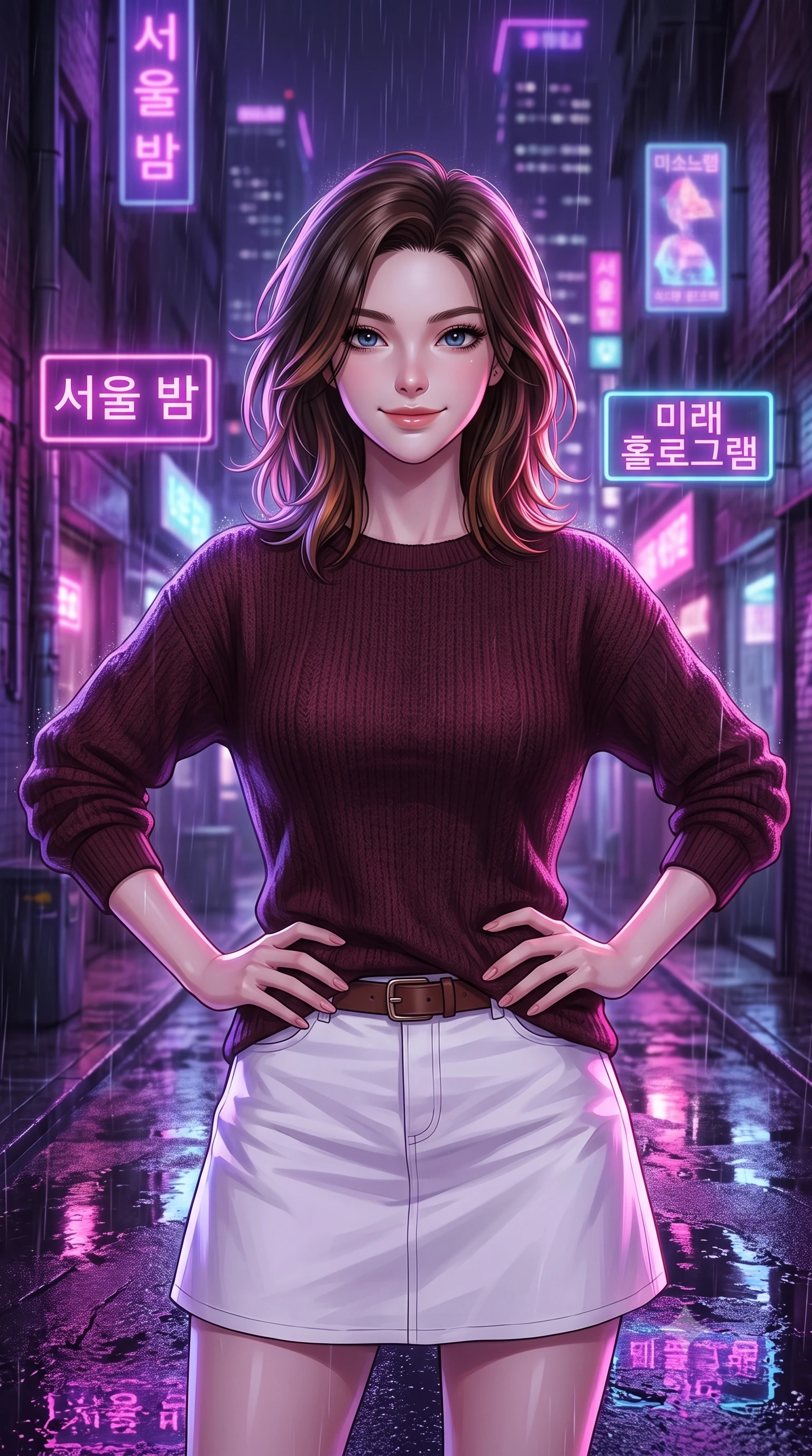 score_9, masterpiece, best quality, ultra-detailed, high-budget anime keyframe, editorial fashion photography, tasteful artistic composition, Korean woman. close-up cowboy shot from the waist and thighs up, the character dominates the composition, filling the frame with her large presence, background elements kept in soft focus. Gazing ahead with a happy, optimistic expression and a gentle smile. set against a soft-focus background of in a narrow alleyway at night during a rainstorm, with wet concrete reflecting the purple neon of nearby skyscrapers and floating holographic ads. She has an exceptionally elegant, slender, and willowy female figure with a highly-defined ultra-slim waist, a gracefully sculpted slender torso, and a refined slim-fit silhouette that contours her form. sharp v-shaped jawline, high-bridge nose, intricate jewel-like eyes with depth, thick eyelashes, glossy lips with a natural sheen. wearing a form-fitting dark burgundy knit sweater with a relaxed fit, paired with a white cotton poplin skirt and a leather belt. saturated purple and pink neon light reflecting off the wet asphalt, creating sharp colorful specular highlights. 2k, ultra detail, master piece, 9:16 ratio