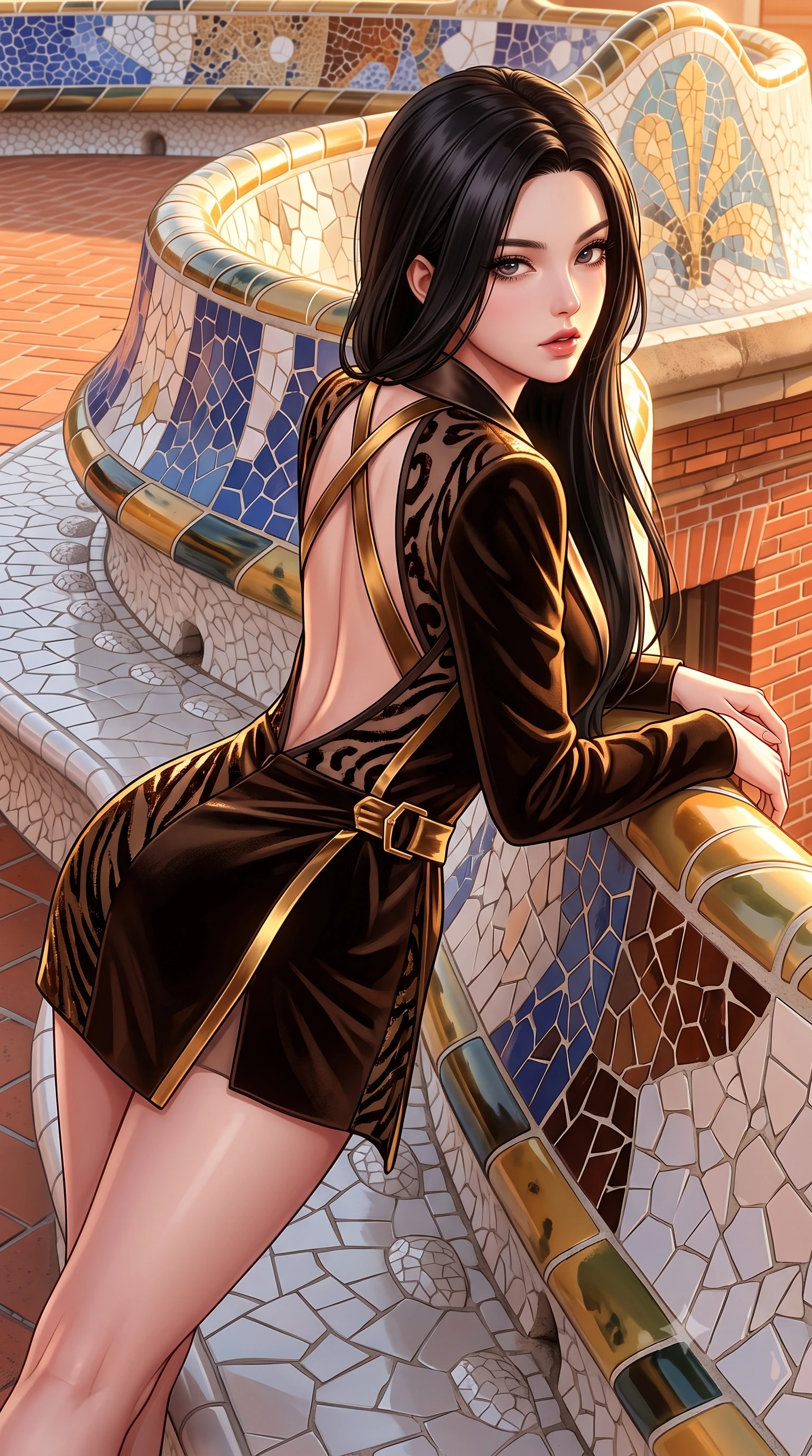score_9, masterpiece, best quality, ultra-detailed, high-budget anime keyframe, semi-realistic 3D game render, editorial fashion photography, tasteful artistic composition, Korean woman. close-up cowboy shot from the waist and thighs up, the character dominates the composition, filling the frame with her large presence. leaning forward against the polished railing with her hips cocked back, creating an intoxicating curve from her narrow waist to sculpted hips as she gazes back into the lens while reclining along the curved serpentine mosaic bench of a Gaudi rooftop, arching her lower back to match the organic architectural waves. The surrounding environment is rendered in vivid detail and crisp panoramic clarity. sharp broken-ceramic trencadís mosaic tile joints, textured mortar, and terracotta brickwork in deep focus. She has an exceptionally elegant, slender, and willowy female figure with an ultra-slim waist, flat toned midriff, narrow ribcage, and sculpted feminine hips creating an alluring, slim hourglass silhouette without bulk. sharp v-shaped jawline, high-bridge nose, intricate jewel-like eyes with depth, thick eyelashes, glossy parted lips with a natural sheen, intensely captivating and seductive bedroom-eyes expression, flawlessly proportioned anatomical accuracy, strict slender model proportions, natural body alignment, perfectly sculpted long slender limbs, ultra-slim waistline, clean dynamic posture without body distortion. wearing a tailored velvet tuxedo jacket dress with satin lapels, worn with a deep plunge neckline and gold hip buckle in dark espresso brown and molten gold foil, made of sheer contouring power-mesh with velvet flocking patterns, finished with criss-cross back satin straps highlighting her graceful shoulder blades, the precision-cut side openings and low-back scoop framing her graceful spine and the sensual sweep of her slim, toned hips. bathed in glorious golden hour Mediterranean sunset backlighting and warm terracotta tile bounce fill. highly saturated vibrant anime colors, detailed shading with soft gradients, rich glossy textures, high-contrast stereoscopic depth, volumetric dynamic lighting, master piece, 9:16 ratio