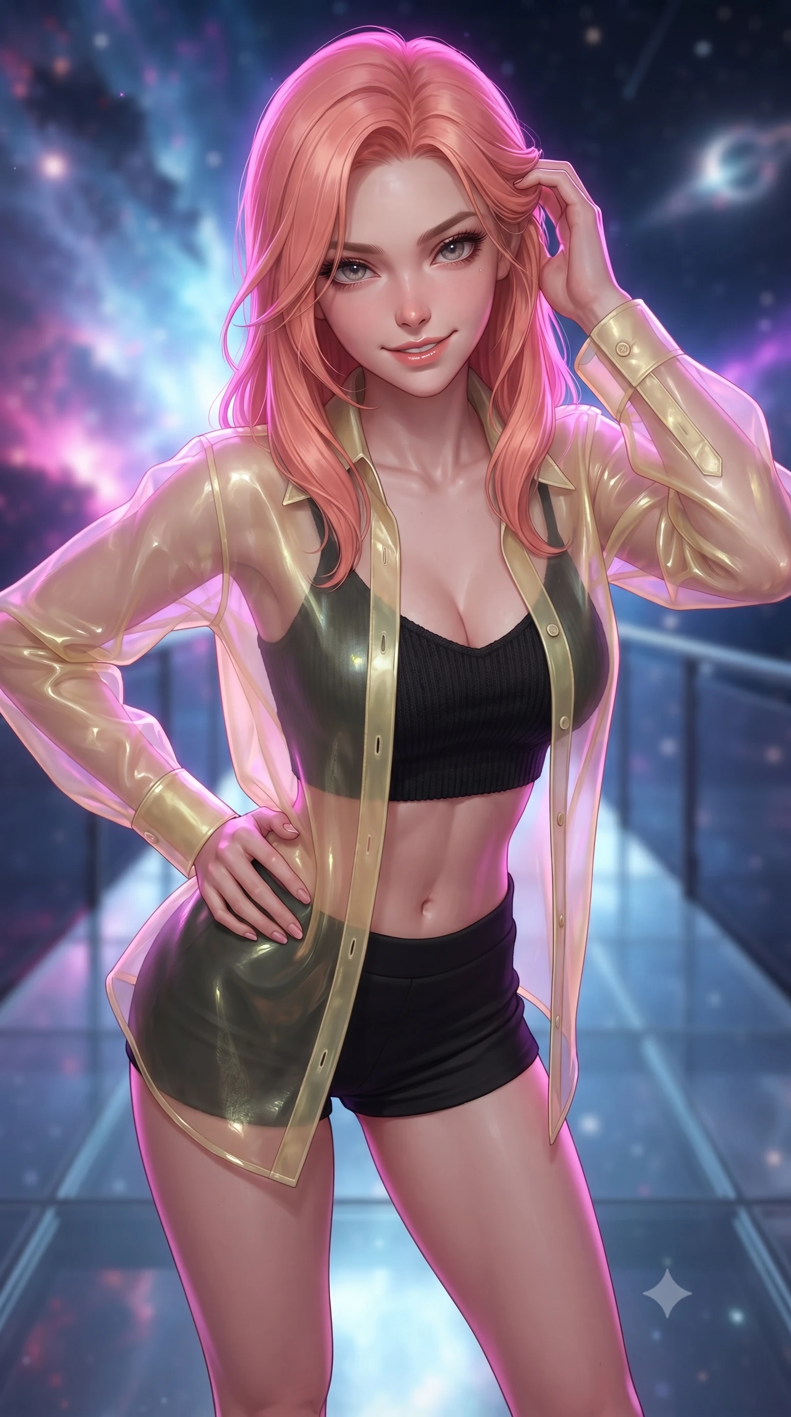 score_9, masterpiece, best quality, ultra-detailed, high-budget anime keyframe, editorial fashion photography, tasteful artistic composition, Japanese woman. close-up cowboy shot from the waist and thighs up, the character dominates the composition, filling the frame with her large presence, background elements kept in soft focus. leaning slightly forward with a playful, teasing smile, her gaze locked onto the viewer the background shows a soft-focus an ethereal glass bridge spanning over a glowing nebular rift. She has an exceptionally elegant, slender, and willowy female figure with an ultra-slim waist, a gracefully sculpted slender torso, and a refined silhouette. sharp v-shaped jawline, high-bridge nose, intricate jewel-like eyes with depth, thick eyelashes, glossy lips with a natural sheen. wearing a body-hugging sheer organza shirt in pale yellow worn open over a knit crop top and micro-shorts. vivid magenta and indigo cosmic light wrapping her in a dramatic backlight. ultra-reflective glossy finish, specular highlights, metallic sheen, high-contrast stereoscopic depth, volumetric dynamic lighting, 2k, ultra detail, master piece, 9:16 ratio