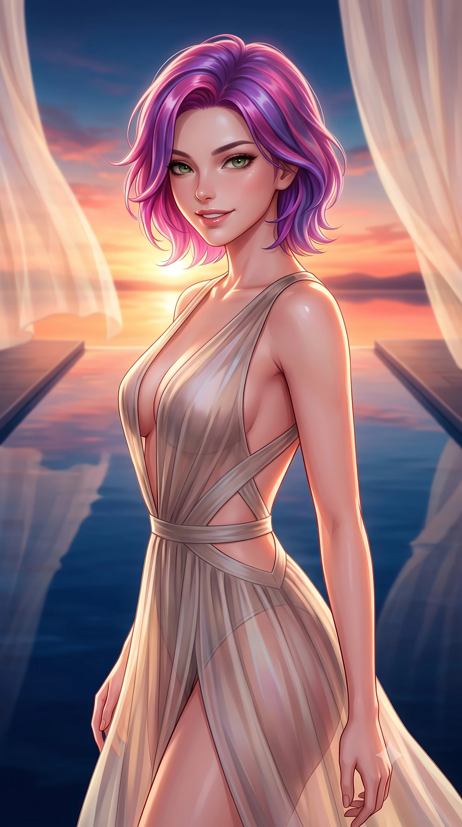 score_9, masterpiece, best quality, ultra-detailed, high-budget anime keyframe, editorial fashion photography, tasteful artistic composition, Caucasian woman. close-up cowboy shot from the waist and thighs up, the character dominates the composition, filling the frame with her large presence, background elements kept in soft focus. Smiling with quiet, magnetic self-assurance directly into the lens poised beside an infinity reflecting pool mirroring a warm sunset sky, translucent silk curtains drifting lazily in a warm sky breeze. She has an exceptionally elegant, slender, and willowy female figure with an ultra-slim waist, a gracefully sculpted slender torso, and a refined silhouette. sharp v-shaped jawline, high-bridge nose, intricate jewel-like eyes with depth, thick eyelashes, glossy lips with a natural sheen. wearing a translucent iridescent chiffon gown with a plunging neckline and open back in muted taupe and soft ivory, woven from fine semi-opaque sheer organza, featuring subtle geometric cutouts that highlight her ultra-slim midriff, the sleek second-skin texture accentuating her magnetic presence. surrounded by a bright, luxurious aura of warm sunshine and sky reflections. highly saturated vibrant anime colors, detailed shading with soft gradients, rich glossy textures, high-contrast stereoscopic depth, volumetric dynamic lighting, master piece, 9:16 ratio