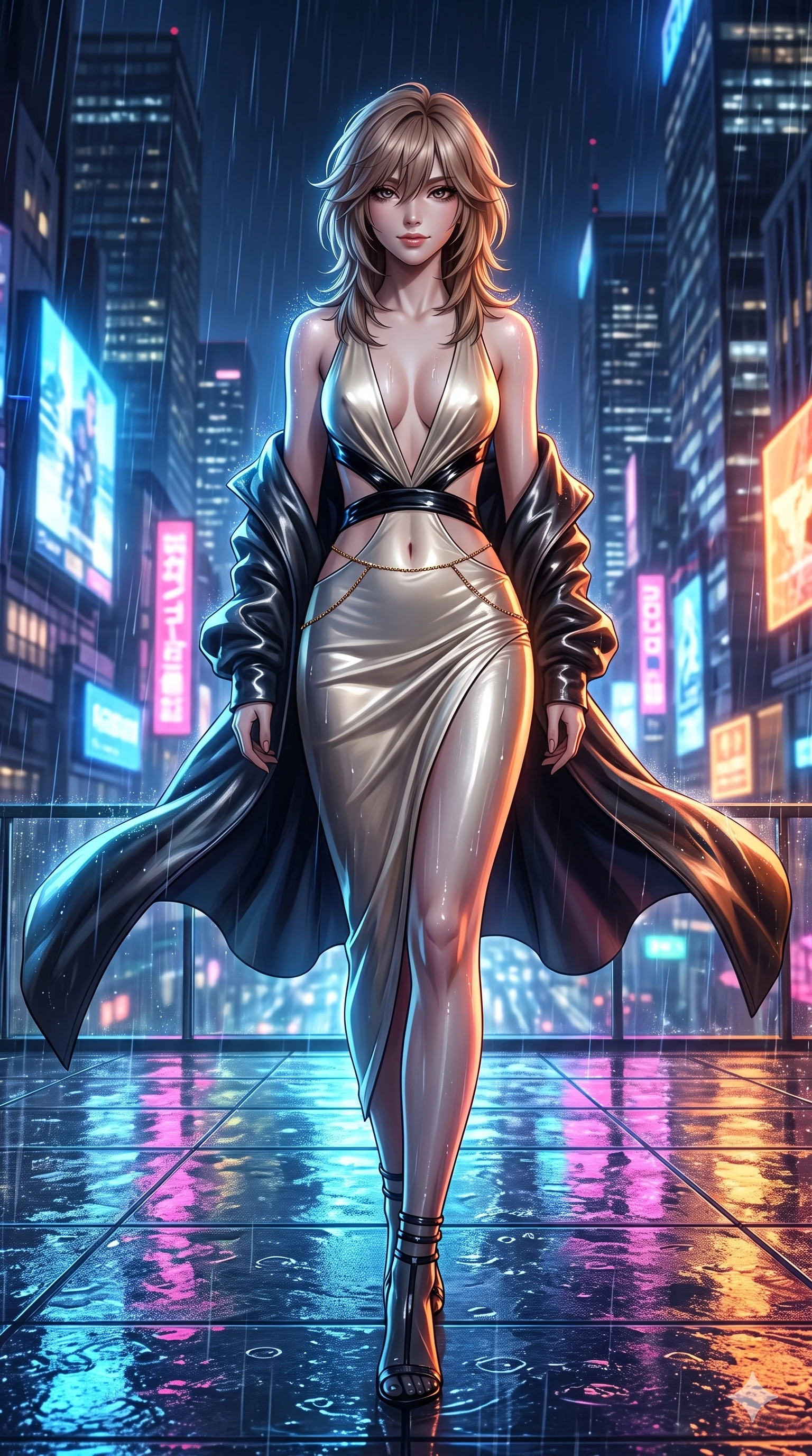 score_9, masterpiece, best quality, ultra-detailed, high-budget anime keyframe, semi-realistic 3D game render, editorial fashion photography, tasteful artistic composition, Japanese woman. low angle full-body shot from head to toe showing her feet, filling the entire 9:16 vertical frame with her statuesque presence, stretching her vertical silhouette. striding across the rain-swept glass terrace, nocturnal breezes whipping her garments open to accentuate her long slender legs and curvy hips while stepping forward into the rain-streaked neon light, head tilted slightly as her smoldering gaze captivates the lens. The surrounding environment is rendered in vivid detail and crisp panoramic clarity: detailed metallic leather mini dress cling, liquid mercury sheen, and modern Japanese cityscape in razor-sharp clarity. She has an exceptionally tall and slender model-like 8.5-heads proportion, an ultra-slim waist, a flat toned midriff, narrow delicate ribcage, and beautifully sculpted feminine hips creating a graceful, slim hourglass silhouette without any bulky heaviness, with impossibly long slender legs. sharp v-shaped jawline, high-bridge nose, intricate jewel-like dark sparkling eyes with dangerous depth, thick curled eyelashes, glossy parted lips with a rich wine sheen, smoldering seductive half-smile with bedroom-eyes, exuding effortless superiority and intoxicating dark allure, flawlessly proportioned anatomical accuracy, strict slender model proportions, natural body alignment, perfectly sculpted long slender limbs, ultra-slim waistline, clean dynamic posture without body distortion. wearing a slinky deep-V liquid jersey cocktail dress with waist cutout accentuating her hourglass curves in celestial champagne ivory and high-gloss jet black, made of fluid liquid jersey with seamless sculpting hold and smooth contours, accented with a dainty gold belly chain resting across her flat midriff and curving hips, the form-contouring cut accentuating her sculpted flat midriff, narrow delicate ribcage, and gracefully curvy hips with intoxicating allure. bathed in multi-colored cybernetic neon floods shifting between cobalt blue, hot pink, and radiant amber. highly saturated vibrant anime colors, detailed shading with soft gradients, rich glossy textures, high-contrast stereoscopic depth, volumetric dynamic lighting, master piece, 9:16 ratio