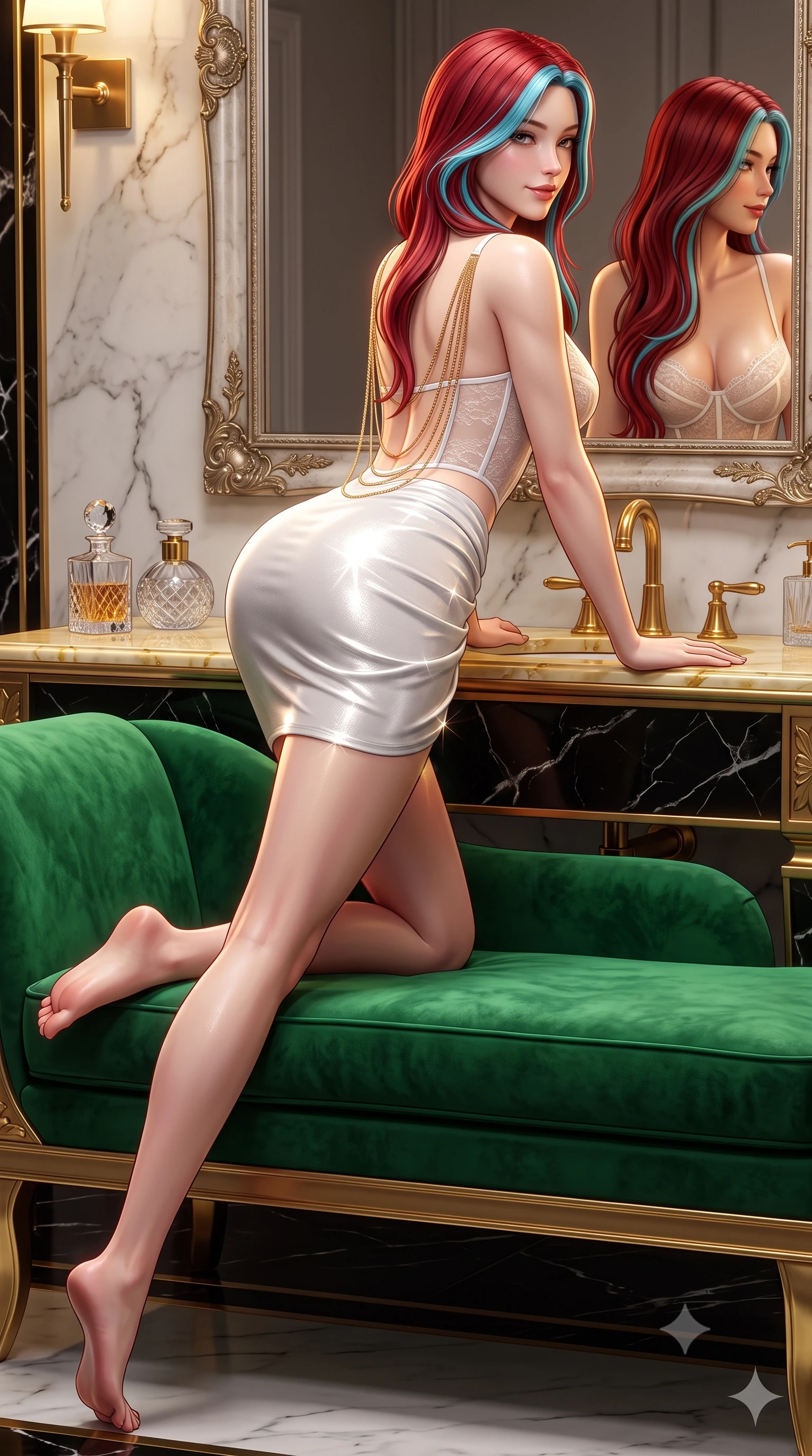 score_9, masterpiece, best quality, ultra-detailed, high-budget anime keyframe, semi-realistic 3D game render, editorial fashion photography, tasteful artistic composition, Caucasian woman. low angle full-body shot from head to toe showing her feet, filling the entire 9:16 vertical frame with her statuesque presence, stretching her vertical silhouette. reclining gracefully across the plush velvet chaise lounge with one leg extended, her sculpted silhouette and flat midriff radiating magnetic nocturnal glamour while leaning forward over the gilded marble vanity counter while arching her lower back to accentuate her curvy hips, looking into the mirror with a smoldering bedroom-gaze. The surrounding environment is rendered in vivid detail and crisp panoramic clarity: sharp black onyx stone veining, polished brass faucet fixtures, and cut-crystal perfume bottle clarity in deep focus. She has an absolutely perfect, statuesque 8.5-heads proportion, an exceptionally tall and slender model-like female figure with impossibly long slender legs, an ultra-slim waist, a flat toned midriff, narrow delicate ribcage, and beautifully sculpted feminine hips creating a graceful, slim hourglass silhouette without any bulky heaviness. sharp v-shaped jawline, high-bridge nose, sparkling eyes with hypnotic seductive depth, thick curled eyelashes, glossy parted lips with a natural dewy peach sheen, alluring bedroom-eyes with an enchanting coquettish smile, exuding magnetic siren charisma and sophisticated high-fashion glamour, flawlessly proportioned anatomical accuracy, strict slender model proportions, natural body alignment, perfectly sculpted long slender limbs, ultra-slim waistline, clean dynamic posture without body distortion. wearing a sculpted underwire demi-bustier in semi-sheer lace paired with an ultra-short draped tulip skirt in pure pearl alabaster with platinum sheen, woven from stretch metallic lurex jersey casting radiant starlight glints across her silhouette, accented with an open-back drape framed by falling strands of delicate gold chains, the liquid-tight tailored fabric clinging flawlessly to her narrow waist and rounded feminine hips, emphasizing every millimeter of her sculpted slim hourglass curves without any bulky heaviness. illuminated by mirror specular bounce and sharp warm-gold rim lights defining her razor-sharp jawline, ultra-slim waist, and curvy hips. highly saturated vibrant anime colors, detailed shading with soft gradients, rich glossy textures, high-contrast stereoscopic depth, volumetric dynamic lighting, master piece, 9:16 ratio