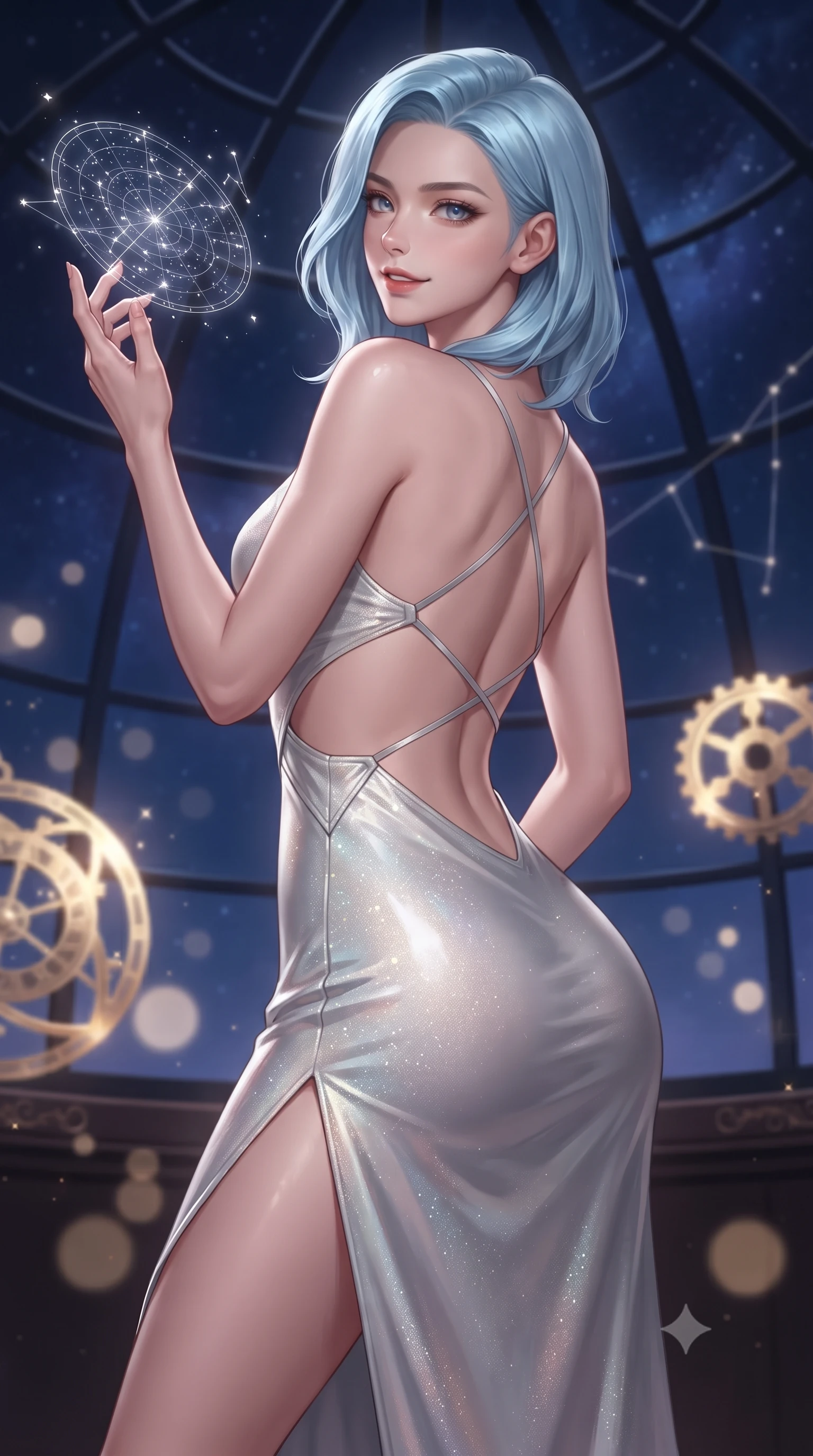 score_9, masterpiece, best quality, ultra-detailed, high-budget anime keyframe, editorial fashion photography, tasteful artistic composition, Korean woman. close-up cowboy shot from the waist and thighs up, the character dominates the composition, filling the frame with her large presence. turning over a bare shoulder with an intoxicating, teasing smile, her soft hair framing her sharp jawline as her hips angle gracefully while arching her spine in a fluid dancer stretch beneath the open observatory glass dome, fingers lightly tracing a floating star map. The composition keeps background elements in soft focus with creamy bokeh. glowing brass astrolabe gears and constellation hologram lines softened in romantic shallow focus. She has an exceptionally elegant, slender, and willowy female figure with an ultra-slim waist, a gracefully sculpted slender torso, toned flat midriff, and rounded feminine hips creating an alluring hourglass silhouette. sharp v-shaped jawline, high-bridge nose, intricate jewel-like eyes with depth, thick eyelashes, glossy parted lips with a natural sheen, intensely captivating and seductive bedroom-eyes expression, flawlessly proportioned anatomical accuracy, strict slender model proportions, natural body alignment, perfectly sculpted long slender limbs, ultra-slim waistline, clean dynamic posture without body distortion. wearing an off-shoulder celestial velvet gown with an architectural open-waist cutout and high side slit in shimmering silver mercury and pearl white, made of flexible reflective spandex and metallic webbing, finished with criss-cross back straps highlighting her graceful bare spine, the precision-cut side openings and low-back scoop framing her graceful spine and the sensual sweep of her hips. surrounded by a celestial, immortal, and deeply hypnotic cosmos sovereign aura. ultra-reflective glossy finish, specular highlights, rich textural contrasts, high-contrast stereoscopic depth, volumetric dynamic lighting, 2k, ultra detail, master piece, 9:16 ratio