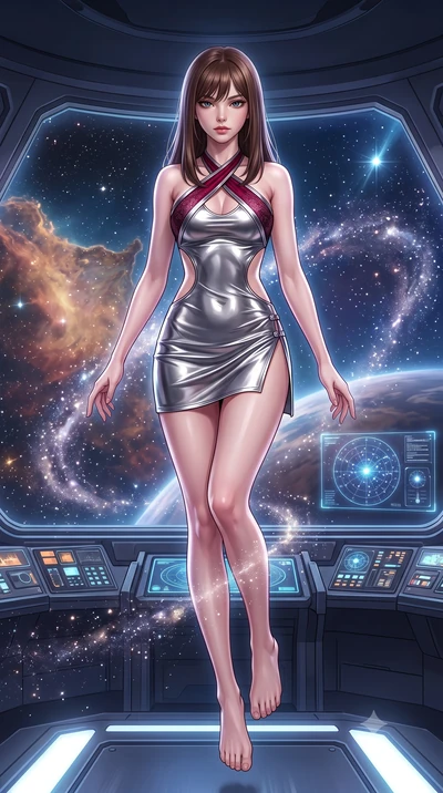score_9, masterpiece, best quality, ultra-detailed, high-budget anime keyframe, semi-realistic 3D game render, editorial fashion photography, tasteful artistic composition, Korean woman. low angle full-body shot from head to toe showing her feet, fil