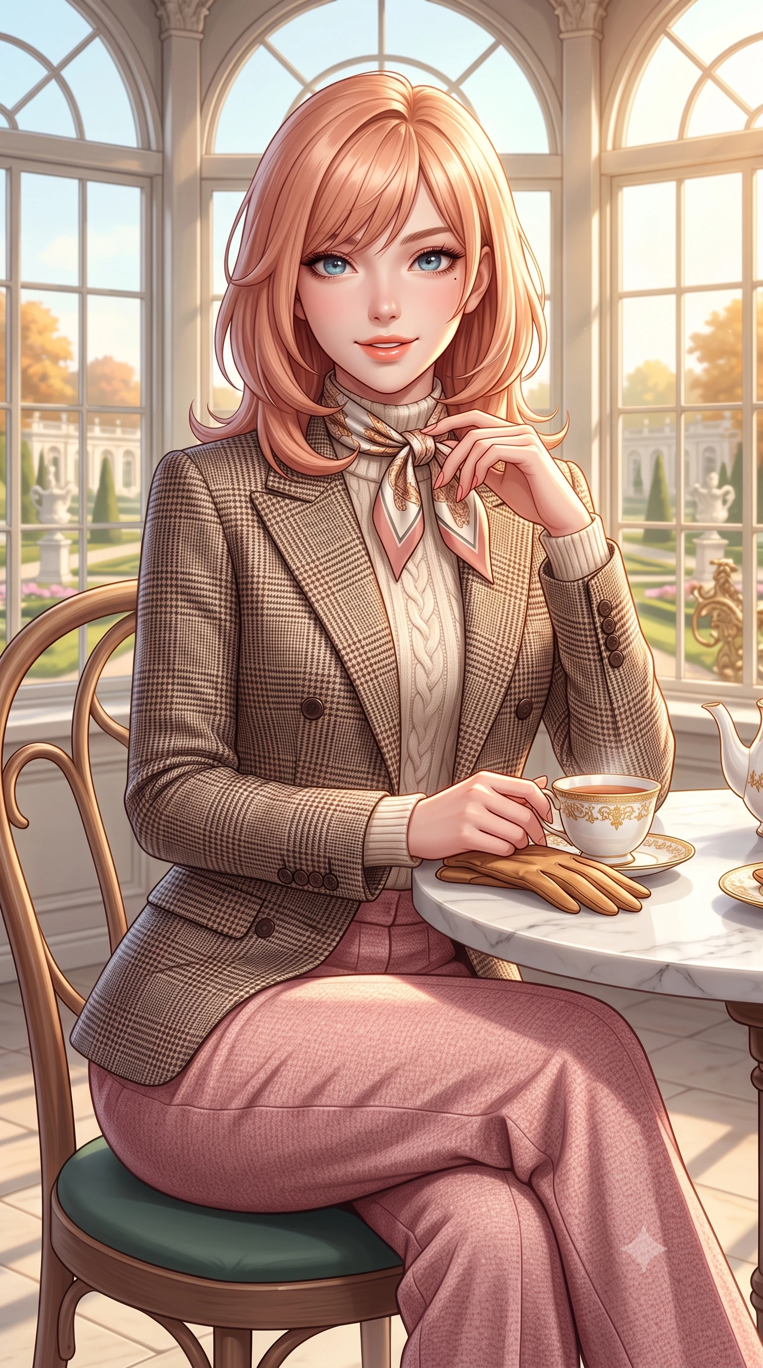 score_9, masterpiece, best quality, ultra-detailed, high-budget anime keyframe, semi-realistic 3D game render, editorial fashion photography, tasteful artistic composition, Japanese woman. close-up cowboy shot from the waist and thighs up, the character dominates the composition, filling the frame with her large presence. touching her silk scarf with delicate fingertips while casting an affectionate, warm glance toward the lens while sitting poised at a white marble conservatory tea table with hands resting gently on a porcelain cup, exuding high-society grace. The surrounding environment is rendered in vivid detail and crisp panoramic clarity: detailed cable-knit cashmere sweater ribbing, silk twilly neck scarf knot, and baroque palace garden craft in razor-sharp precision. She has an exceptionally elegant, slender, and willowy female figure with an ultra-slim waist, flat toned midriff, narrow ribcage, and sculpted feminine hips creating an alluring, slim hourglass silhouette without bulk. sharp v-shaped jawline, high-bridge nose, intricate jewel-like sparkling eyes with depth, thick eyelashes, glossy parted lips with a natural peach sheen, bright cheerful beaming smile with an enchanting and coquettish sensual glint, exuding both youthful cute charm and seductive allure, flawlessly proportioned anatomical accuracy, strict slender model proportions, natural body alignment, perfectly sculpted long slender limbs, ultra-slim waistline, clean dynamic posture without body distortion. wearing a double-breasted Prince of Wales check tailored wool blazer paired with high-waisted pleated wide-leg trousers in Parisian pastel rose bouclé and cream pearl, made of luxurious brushed wool flannel with rich textural depth and clean structure, complemented by buttery leather gloves held delicately in one manicured hand, the expertly draped wool fabric falling in crisp fluid lines along her tall 8.5-heads silhouette, celebrating her slender frame without excess fabric bulk. bathed in warm 3200K autumn sunlight streaming through floor-to-ceiling arched south-facing conservatory windows. highly saturated vibrant anime colors, detailed shading with soft gradients, rich glossy textures, high-contrast stereoscopic depth, volumetric dynamic lighting, master piece, 9:16 ratio
