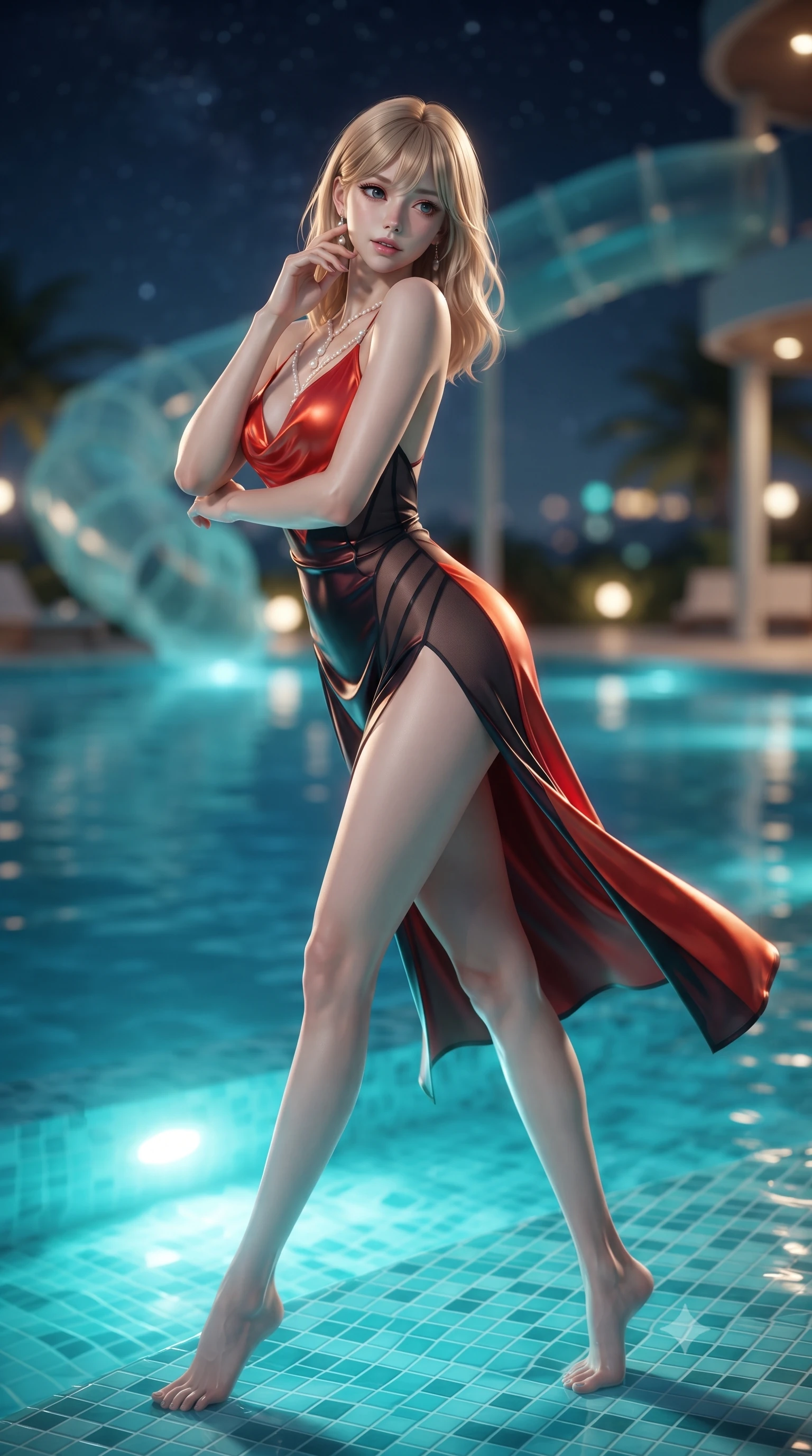 score_9, masterpiece, best quality, ultra-detailed, high-budget anime keyframe, editorial fashion photography, tasteful artistic composition, Japanese woman. low angle full-body shot from head to toe showing her feet, filling the entire 9:16 vertical frame with her statuesque presence, stretching her vertical silhouette. executing a slow, graceful pivot turn as her skirt sways around her slender legs, glancing back with an enchanting, teasing sensual expression while lounging on the submerged tiled pool tanning ledge propped on one arm, her long slender legs and flat midriff radiating effortless siren allure. The background shows a soft-focus illuminated freshwater plunge pool, curved translucent waterslide tube, and vast lagoon under a starry sky blurred into turquoise, navy, and gold bokeh. She has an absolutely perfect, statuesque 8.5-heads proportion, an exceptionally tall and slender model-like female figure with impossibly long slender legs, an ultra-slim waist, a flat toned midriff, narrow delicate ribcage, and beautifully sculpted feminine hips creating a graceful, slim hourglass silhouette without any bulky heaviness. sharp v-shaped jawline, high-bridge nose, sparkling eyes with hypnotic seductive depth, thick curled eyelashes, glossy parted lips with a natural dewy peach sheen, alluring bedroom-eyes with an enchanting coquettish smile, exuding magnetic siren charisma and sophisticated glamour, flawlessly proportioned anatomical accuracy, strict slender model proportions, natural body alignment, perfectly sculpted long slender limbs, ultra-slim waistline, clean dynamic posture without body distortion. wearing a plunging cowl-neck liquid silk satin sarong slip dress with daring hip-high double slits and pearl shoulder straps in Pudong electric vermilion and obsidian lacquer, made of semi-opaque stretch illusion mesh with soft shadowy contours, accented with a pearl-drop body harness subtly framing her dewy collarbones and spine, the glove-like clinging cut tightly following the natural contour of her hips and long slender legs with youthful 8.5-heads elegance. bathed in intense turquoise underwater pool LEDs combined with warm 3000K villa deck downlights. ultra-reflective glossy finish, specular highlights, rich textural contrasts, high-contrast stereoscopic depth, volumetric dynamic lighting, 2k, ultra detail, master piece, 9:16 ratio