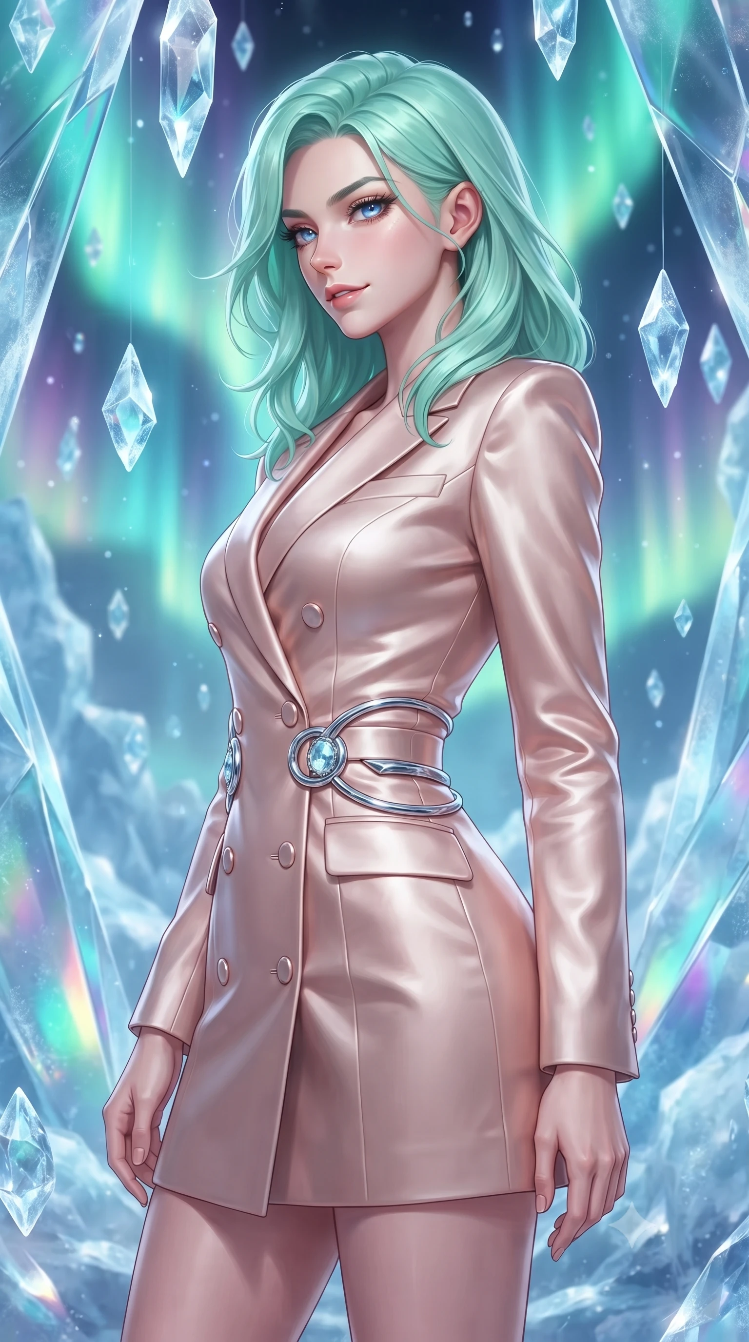 score_9, masterpiece, best quality, ultra-detailed, high-budget anime keyframe, editorial fashion photography, tasteful artistic composition, Japanese woman. close-up cowboy shot from the waist and thighs up, the character dominates the composition, filling the frame with her large presence, background elements kept in soft focus. Glancing sidelong over her shoulder with a smoldering half-smile, navigating a frozen glass sanctuary surrounded by suspended ice crystals glinting under aurora, shifting aurora colors wrapping around her statuesque vertical silhouette. She has an exceptionally elegant, slender, and willowy female figure with an ultra-slim waist, a gracefully sculpted slender torso, and a refined silhouette. sharp v-shaped jawline, high-bridge nose, intricate jewel-like eyes with depth, thick eyelashes, glossy lips with a natural sheen. wearing tailored double-breasted opal white blazer dress in pale opal seafoam, made of soft rose-gold satin, accented with sculpted opal chrome rings at the waist, contouring every curve with an exceptionally elegant silhouette. lit by intense aurora key light cutting through clear translucent ice. highly saturated vibrant anime colors, detailed shading with soft gradients, rich glossy textures, high-contrast stereoscopic depth, volumetric dynamic lighting, master piece, 9:16 ratio