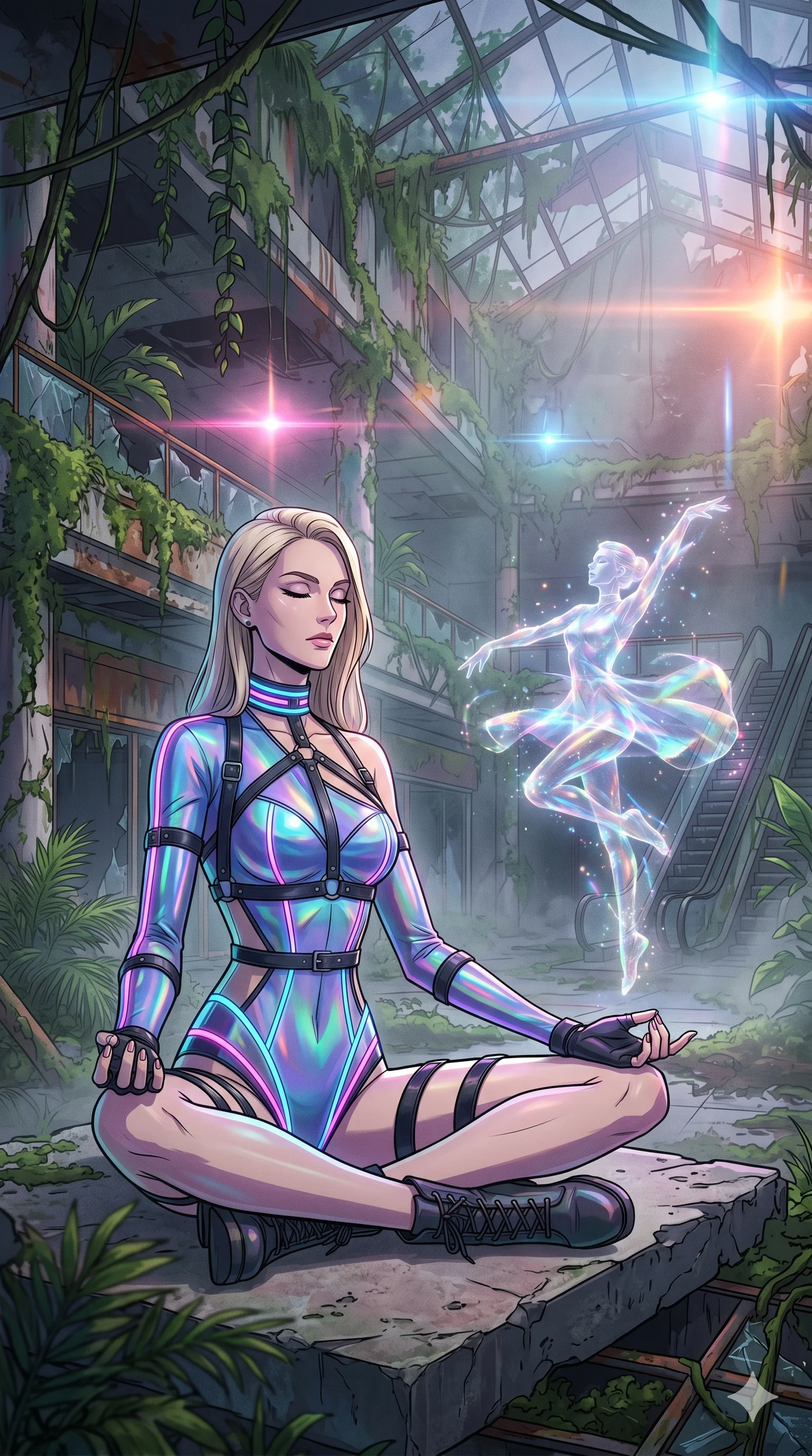score_9, masterpiece, best quality, ultra-detailed, Set A: High-budget Anime Keyframe, Caucasian (human ears) woman. Low angle cowboy shot filling the entire 9:16 frame with her statuesque presence. Theme: Ethereal Dream. meditating in a ruined overgrown shopping mall, as her reflection in the air starts to dance independently 85. The atmosphere is filled with heavy smog with neon flares. She has an absolutely perfect 8-heads proportion, an exceptionally tall and slender female figure with impossibly long slender legs and an ultra-slim waist. Sharp v-shaped jawline, high-bridge nose, intricate jewel-like eyes with depth, glossy lips. Wearing Holographic circus-performer outfit with glowing stripes and leather harnesses. Cinematic lighting, vivid colors, dramatic shadows, 2k, ultra detail, master piece, 9:16 ratio