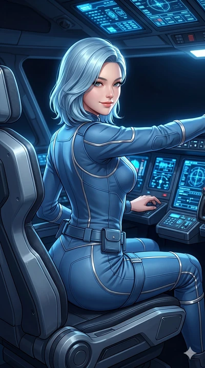 score_9, masterpiece, best quality, ultra-detailed, high-budget anime keyframe, semi-realistic 3D game render, Korean woman. Upper body close-up from the thighs up, character filling the screen for maximum presence. Inside the cockpit of a passenger 