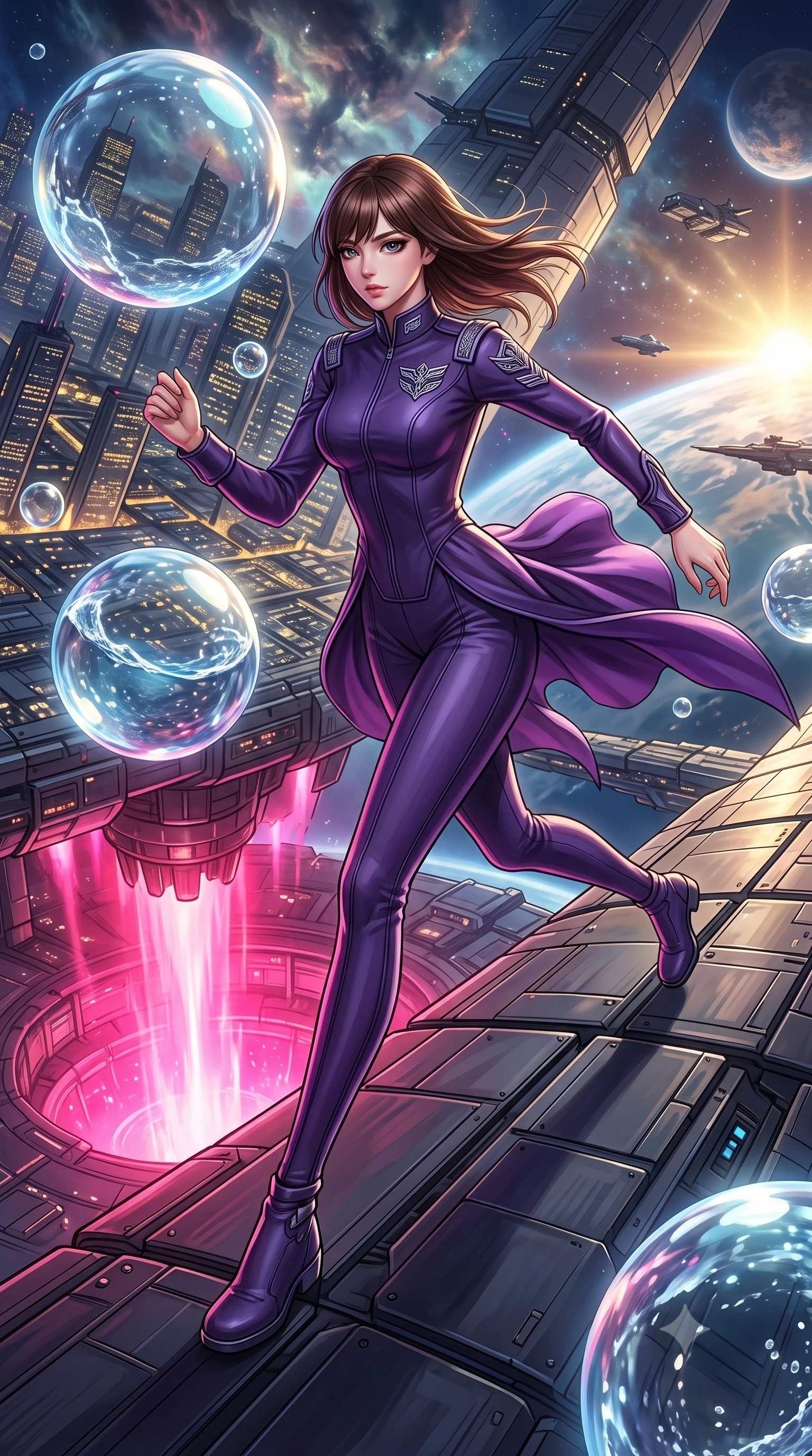score_9, masterpiece, best quality, ultra-detailed, high-budget anime keyframe, editorial fashion photography, tasteful artistic composition, Korean woman. low angle full-body shot from head to toe showing her feet, filling the entire 9:16 vertical frame with her statuesque presence, stretching her vertical silhouette. running along the outer hull of a giant starship in zero gravity, magnetic boots clinging to a city square where giant spheres of water float in the air, refracting the city lights and clouds. She has a statuesque 8.5-heads proportion, an exceptionally tall, slender and willowy model-like build with impossibly long legs and a highly sculpted ultra-slim waist. sharp v-shaped jawline, high-bridge nose, intricate jewel-like eyes with depth, thick eyelashes, glossy lips with a natural sheen. wearing the lightweight fabric rippling and billowing dramatically with her movement, a body-hugging sleek dark purple flight command jumpsuit with a high collar, featuring embroidered silver insignia on the shoulders and structured cuffs. highly saturated vibrant anime colors, intense vivid color palette, soft 3D volumetric shading, volumetric dynamic lighting, dramatic contrast of hot pink furnace glow from below and cool golden light from above. 2k, ultra detail, master piece, 9:16 ratio