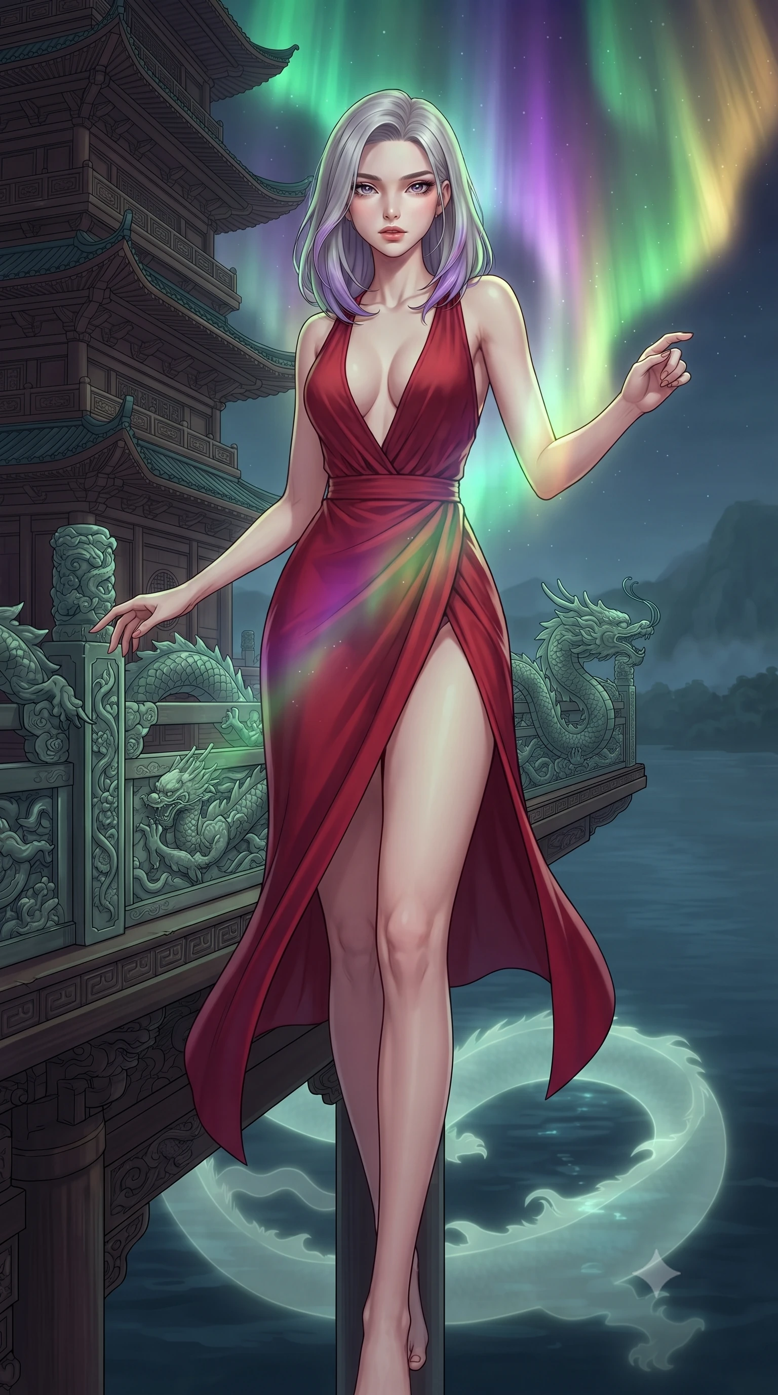 score_9, masterpiece, best quality, ultra-detailed, high-budget anime keyframe, gorgeous anime illustration, with clean line-art and distinct ink outlines, Caucasian woman, strictly human ears. low angle full-body shot from head to toe showing her feet, filling the entire 9:16 vertical frame with her statuesque presence, stretching her vertical silhouette. threading her way through on the balcony of a high pagoda decorated with jade dragon carvings, overlooking a lake with a giant glowing dragon silhouette visible beneath the dark water. She has a statuesque 8.5-heads proportion, an exceptionally tall, slender and willowy model-like build with impossibly long legs and a highly sculpted ultra-slim waist. sharp v-shaped jawline, high-bridge nose, intricate jewel-like eyes with depth, thick eyelashes, glossy lips with a natural sheen. wearing a crimson red jersey dress featuring a deep plunging neckline and a high-slit wrap skirt. illuminated by a shifting aurora palette of green violet and gold from above. 2k, ultra detail, master piece, 9:16 ratio, vibrant anime color palette, detailed cel-shading with soft gradients, rich contrast, dynamic lighting, 2d animation style