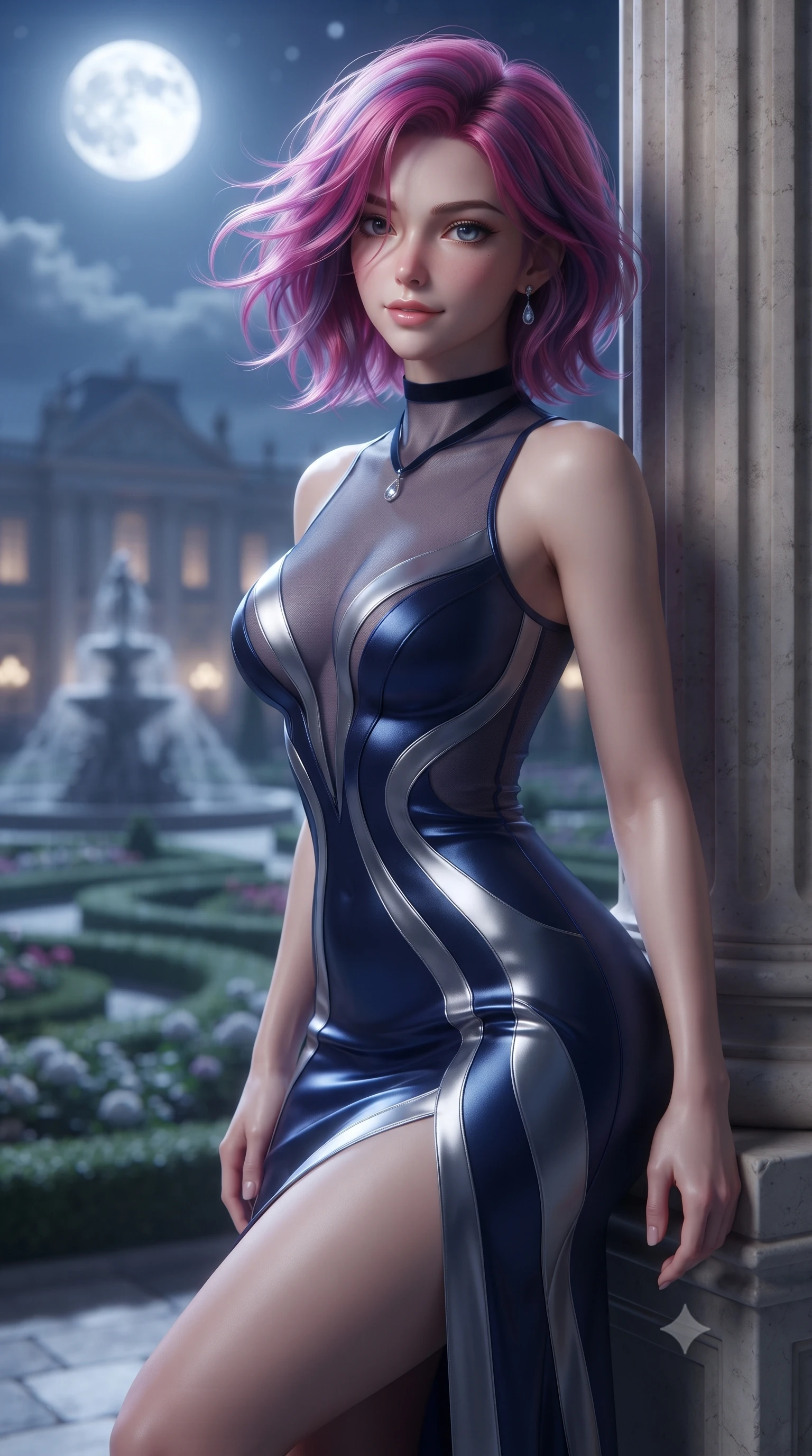 score_9, masterpiece, best quality, ultra-detailed, high-budget anime keyframe, editorial fashion photography, tasteful artistic composition, Caucasian woman. close-up cowboy shot from the waist and thighs up, the character dominates the composition, filling the frame with her large presence. turning slowly with an enchanting smoldering smile, her glossy hair tossing in the breeze as her hips angle gracefully in a captivating contrapposto while leaning against the classical limestone column with hips cocked back, looking out into the moonlit baroque rose parterre with smoldering eyes. The background shows a soft-focus geometric baroque rose gardens under a brilliant silver full moon, Neptune Fountain silhouettes, and grand palace facade blurred into silver, moss-green, and indigo bokeh. She has an exceptionally elegant, slender, and willowy female figure with an ultra-slim waist, flat toned midriff, narrow ribcage, and sculpted feminine hips creating an alluring, slim hourglass silhouette without bulk. sharp v-shaped jawline, high-bridge nose, sparkling eyes with hypnotic seductive depth, thick curled eyelashes, glossy parted lips with a natural dewy peach sheen, alluring bedroom-eyes with an enchanting coquettish smile, exuding magnetic siren charisma and sophisticated glamour, flawlessly proportioned anatomical accuracy, strict slender model proportions, natural body alignment, perfectly sculpted long slender limbs, ultra-slim waistline, clean dynamic posture without body distortion. wearing a provocative high-neck sheer illusion cocktail dress with liquid satin ribbons contouring her curves in deep sapphire navy and molten silver, woven from buttery-soft stretch lambskin leather adhering to her body like a second skin, finished with a thin velvet ribbon choker and a single teardrop diamond pendant, the second-skin tailored fabric adhering flawlessly to her sculpted flat midriff and slender torso, emphasizing her long leg lines and perfectly proportioned willowy build. bathed in cool silver full moonlight pouring through soaring glass arches mixed with warm 2700K interior wall sconce glow. ultra-reflective glossy finish, specular highlights, rich textural contrasts, high-contrast stereoscopic depth, volumetric dynamic lighting, 2k, ultra detail, master piece, 9:16 ratio