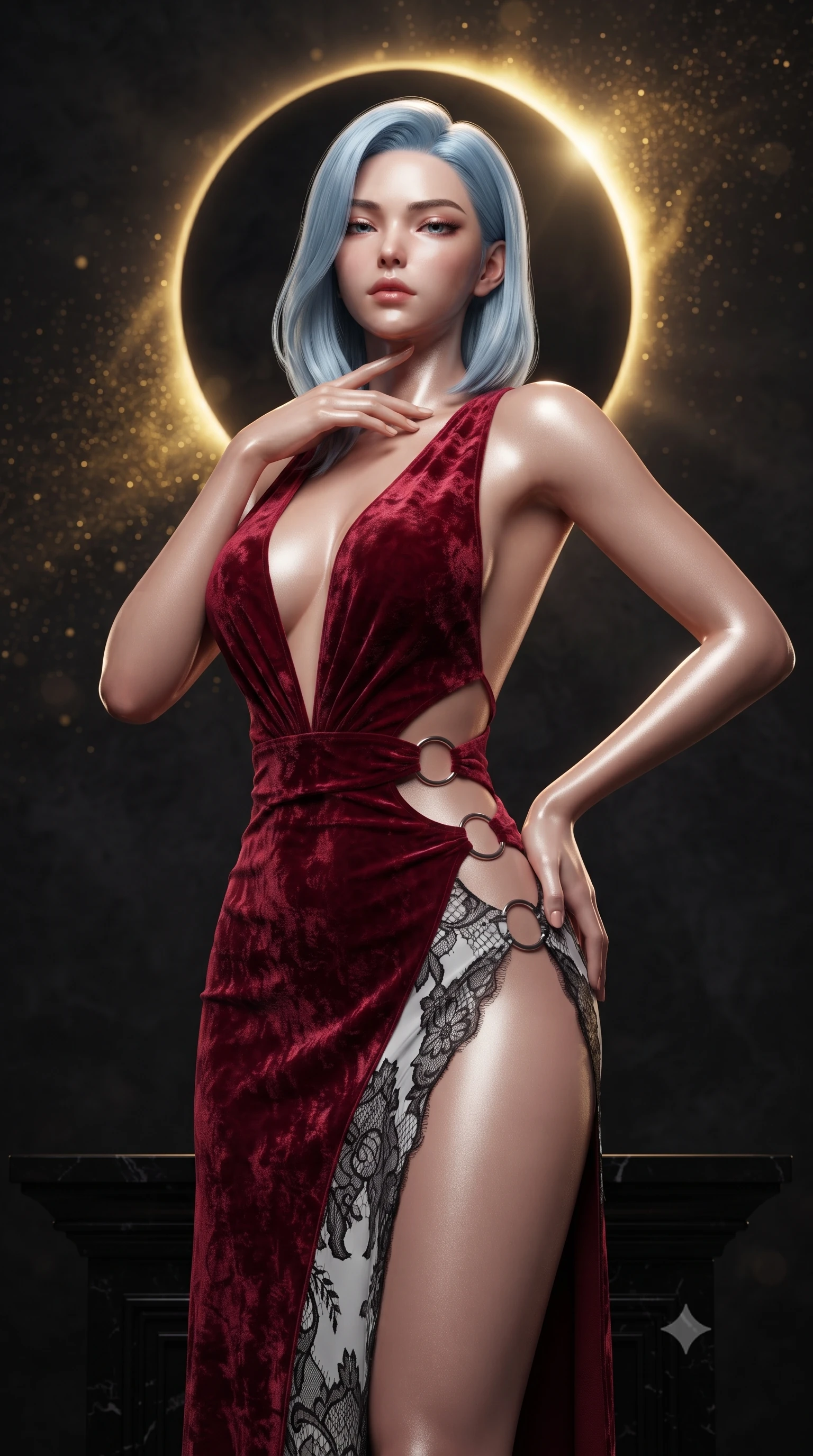 score_9, masterpiece, best quality, ultra-detailed, high-budget anime keyframe, editorial fashion photography, tasteful artistic composition, Korean woman. close-up cowboy shot from the waist and thighs up, the character dominates the composition, filling the frame with her large presence. resting her fingers lightly against her throat while looking down with a smoldering, haughty yet intensely captivating glance while standing with sovereign authority atop a black obsidian temple altar as a total solar eclipse crowns the sky in a golden ring. The composition keeps background elements in soft focus with creamy bokeh. swirling golden dust motes and corona rays scattering high-contrast light across a dark backdrop. She has an exceptionally elegant, slender, and willowy female figure with an ultra-slim waist, a gracefully sculpted slender torso, toned flat midriff, and a refined slim silhouette. sharp v-shaped jawline, high-bridge nose, intricate jewel-like eyes with depth, thick eyelashes, glossy lips with a natural sheen, flawlessly proportioned anatomical accuracy, strict slender model proportions, natural body alignment, perfectly sculpted long slender limbs, ultra-slim waistline, clean dynamic posture without body distortion. wearing a backless crimson crushed velvet gown with a deep plunging V-neckline, strategic hip cutouts, and an ultra-high thigh slit in high-gloss monochrome white and sharp black contrast, crafted from delicate dark lace interwoven with luminescent micro-fibers, detailed with polished silver rings connecting the daring side-waist cutouts, the precision-cut daring openings accentuating her delicate midriff, graceful bare collarbones, and ultra-slim feminine waistline. surrounded by an awe-inspiring, mysterious, and fiercely sensual solar empress aura. ultra-reflective glossy finish, specular highlights, metallic sheen, high-contrast stereoscopic depth, volumetric dynamic lighting, 2k, ultra detail, master piece, 9:16 ratio