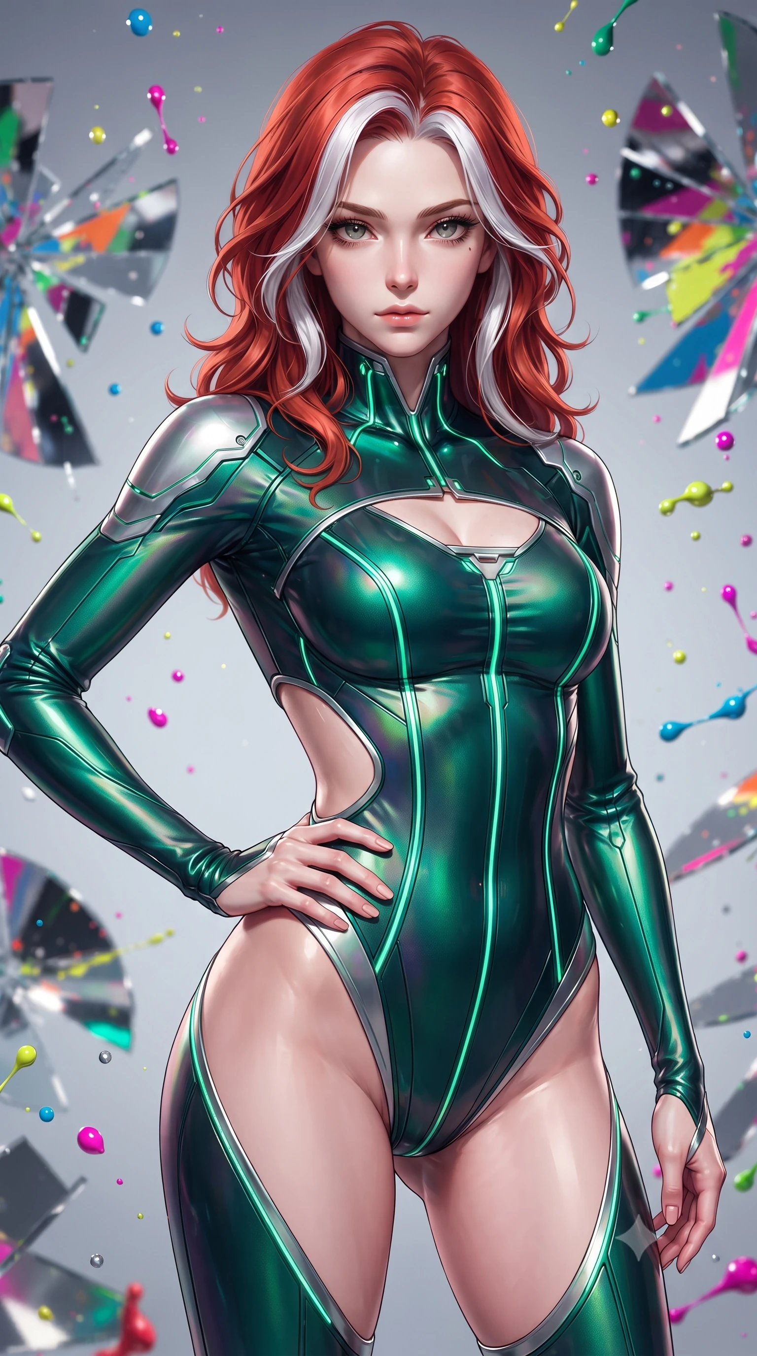 score_9, masterpiece, best quality, ultra-detailed, high-budget anime keyframe, editorial fashion photography, tasteful artistic composition, Caucasian woman. close-up cowboy shot from the waist and thighs up, the character dominates the composition, filling the frame with her large presence, background elements kept in soft focus. Holding a confident power pose with one hand on her hip, gazing directly into the camera with quiet intensity surrounded by rotating shattered mirror sculptures reflecting bright acrylic colors, vibrant paint droplets frozen in time casting specular highlights. She has an exceptionally elegant, slender, and willowy female figure with an ultra-slim waist, a gracefully sculpted slender torso, and a refined silhouette. sharp v-shaped jawline, high-bridge nose, intricate jewel-like eyes with depth, thick eyelashes, glossy lips with a natural sheen. wearing a skin-tight cybernetic bodysuit with glowing neon seams and side cutouts in deep emerald green and silver accent, crafted from iridescent chiffon that shifts colors in the light, accented with a Tasteful chest slit framing her clavicle gracefully, the sleek second-skin texture accentuating her magnetic presence. bathed in high-contrast vibrant studio lighting with sharp specular highlights. ultra-reflective glossy finish, specular highlights, metallic sheen, high-contrast stereoscopic depth, volumetric dynamic lighting, 2k, ultra detail, master piece, 9:16 ratio